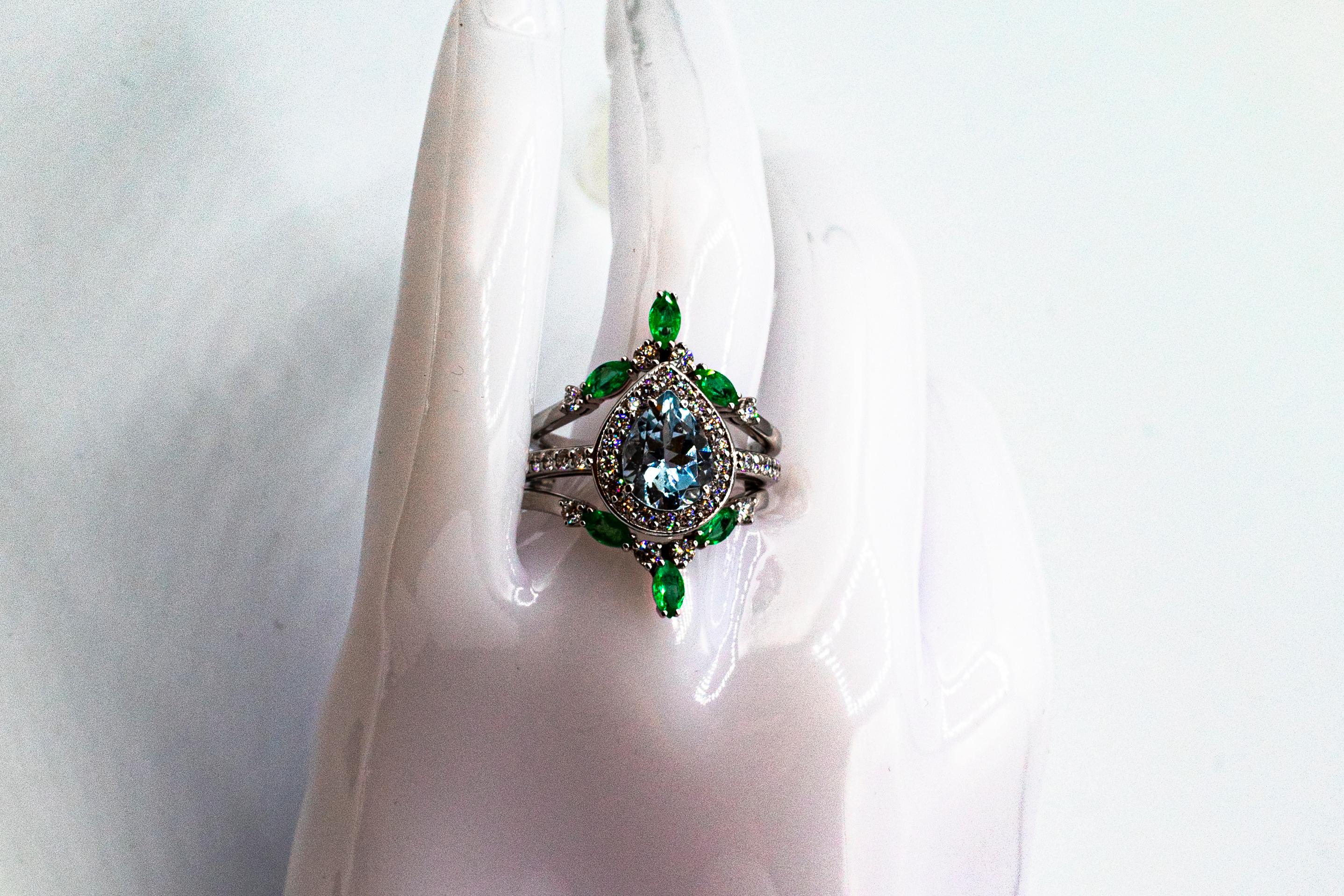 Bague de cocktail en or blanc de style Art déco, diamant taille brillant, aigue-marine en vente 9