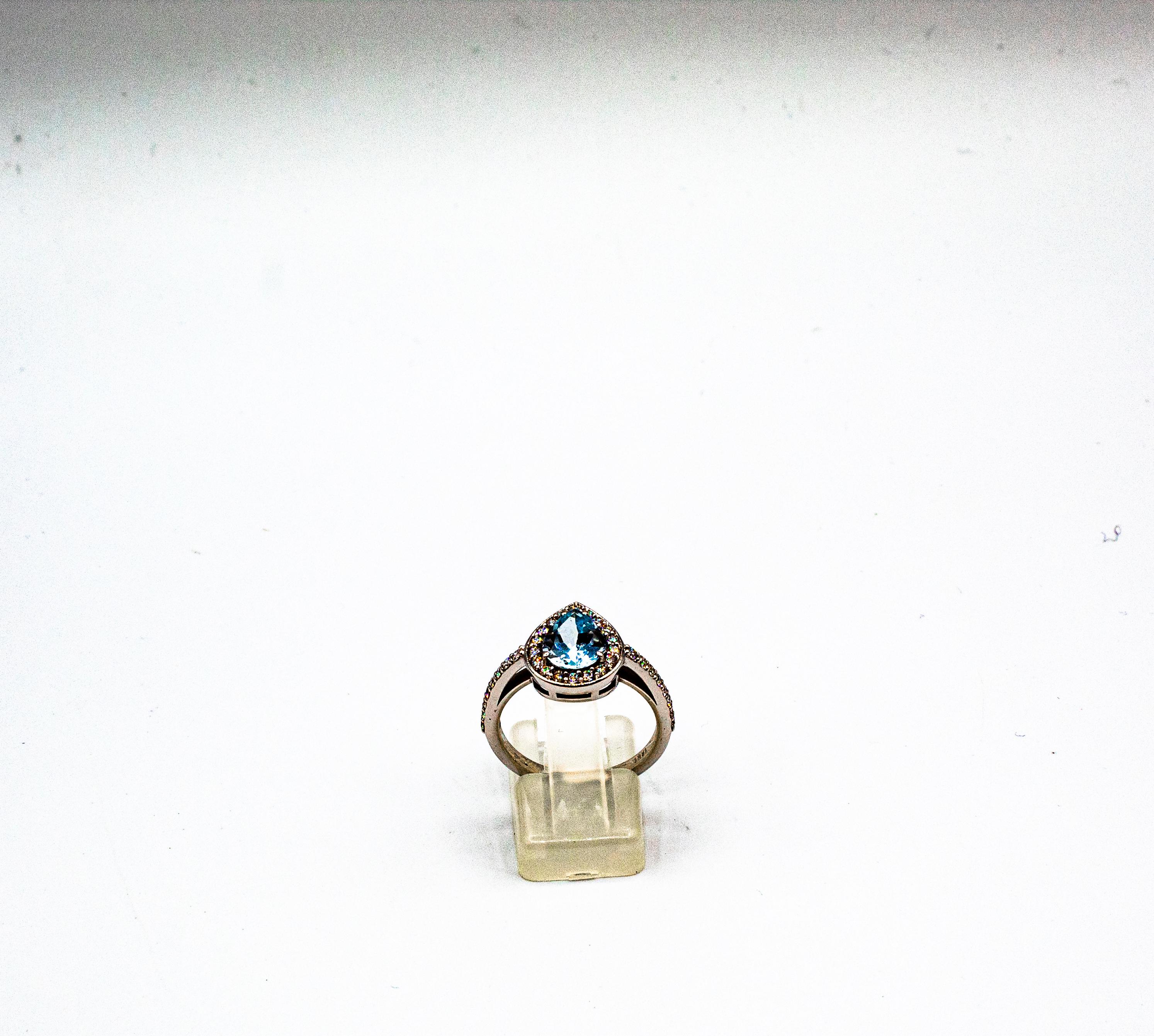 Taille brillant Bague de cocktail en or blanc de style Art déco, diamant taille brillant, aigue-marine en vente