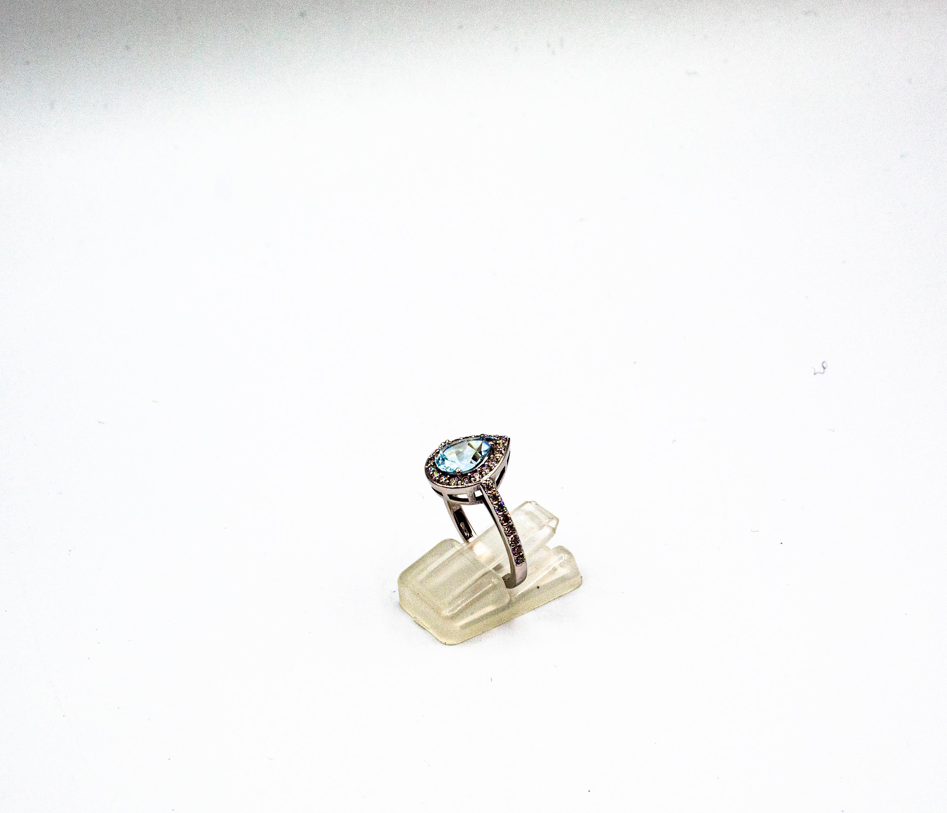 Women's or Men's Art Deco Style White Brilliant Cut Diamond Aquamarine White Gold Cocktail Ring