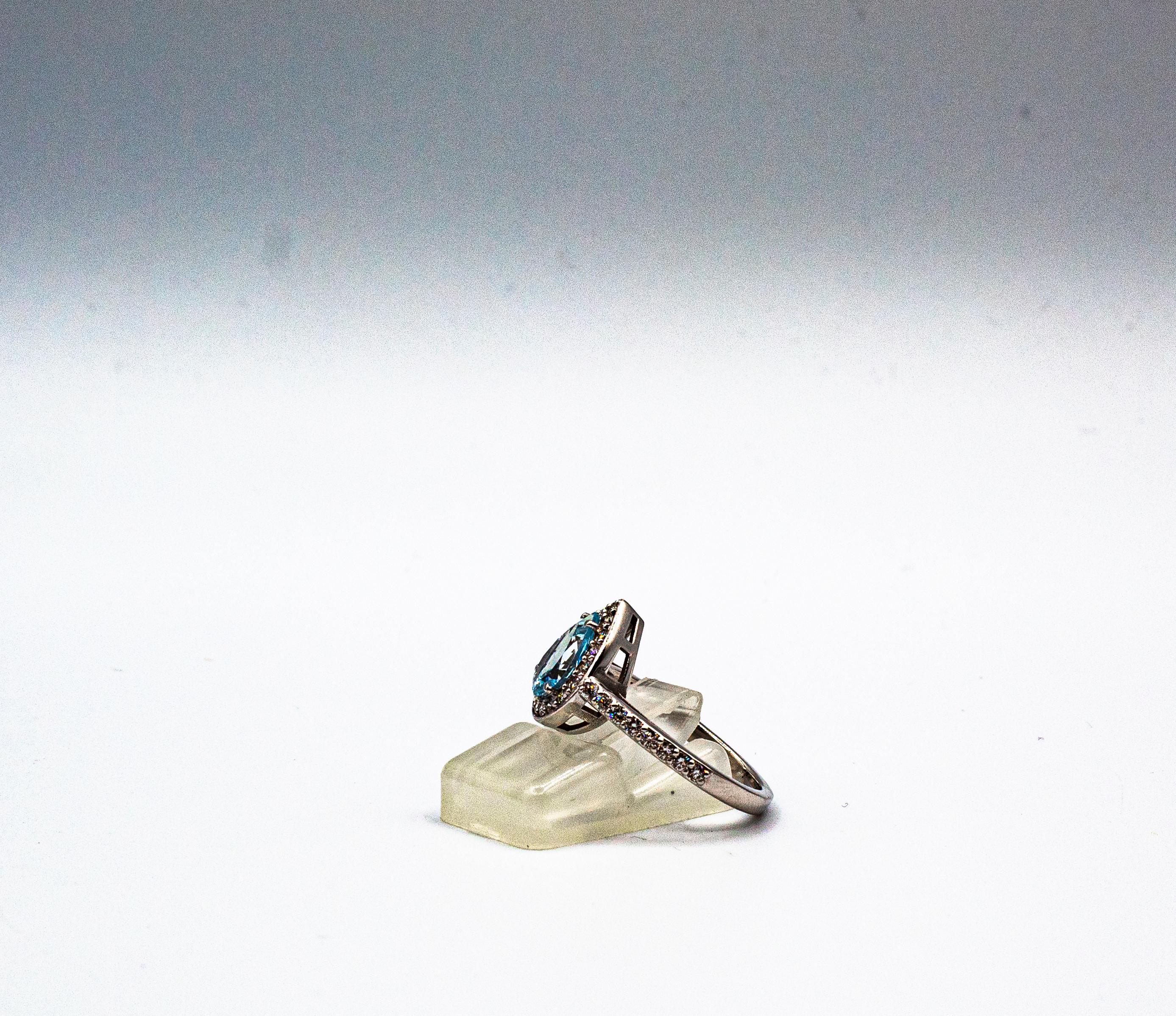 Bague de cocktail en or blanc de style Art déco, diamant taille brillant, aigue-marine en vente 3