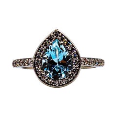 Art Deco Style White Brilliant Cut Diamond Aquamarine White Gold Cocktail Ring