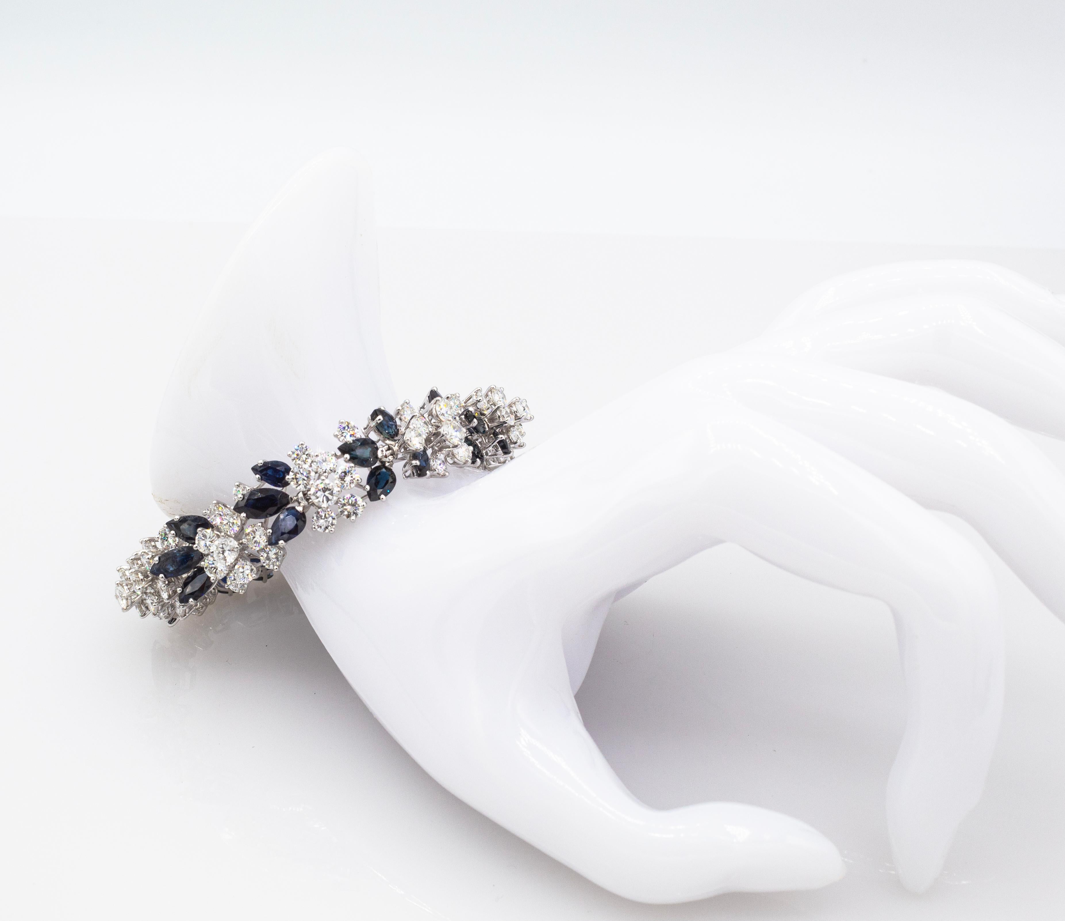Pulsera de oro blanco con diamantes talla brillante estilo art déco y zafiro azul en venta 4