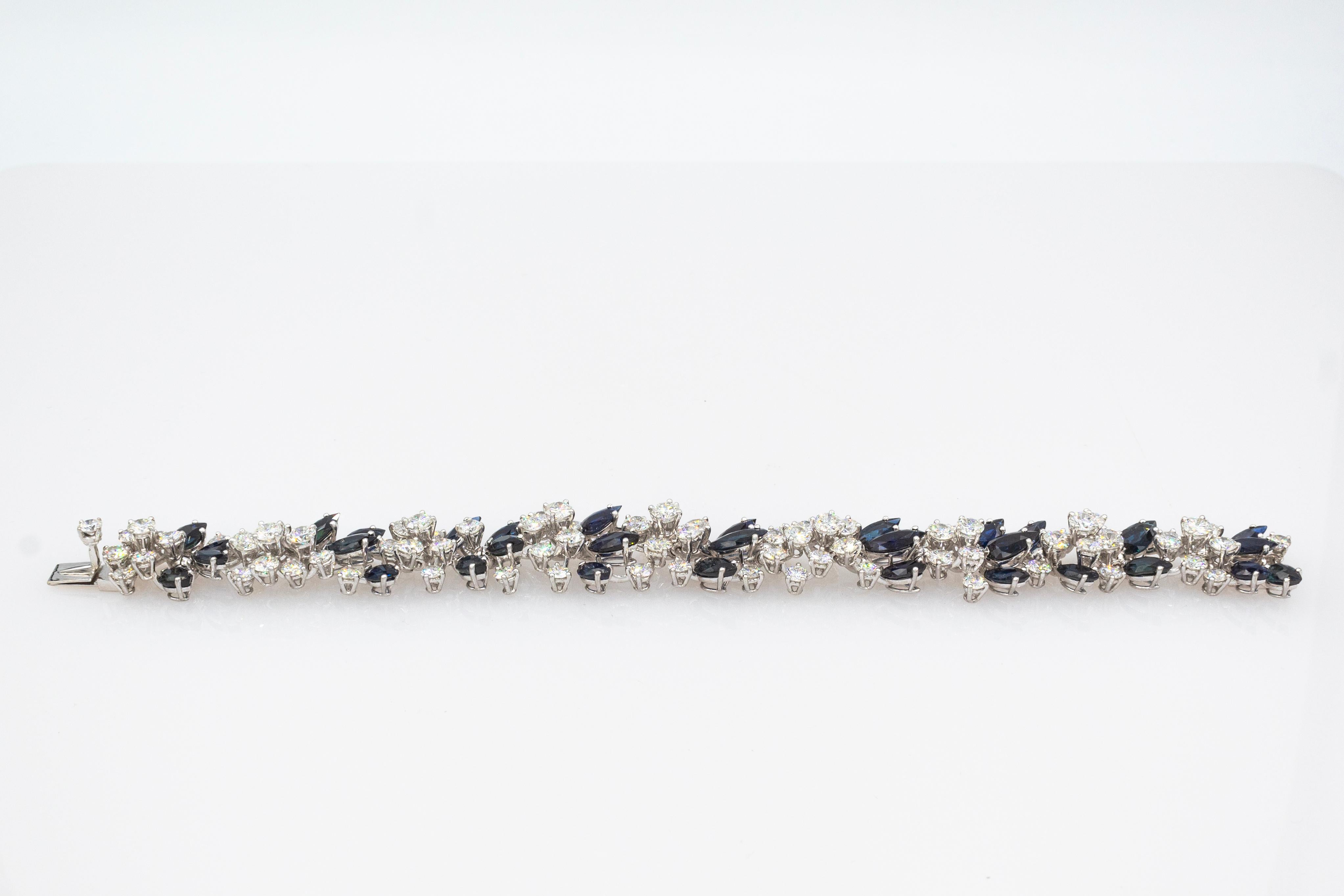Art Deco Style White Brilliant Cut Diamond Blue Sapphire White Gold Bracelet In New Condition In Naples, IT