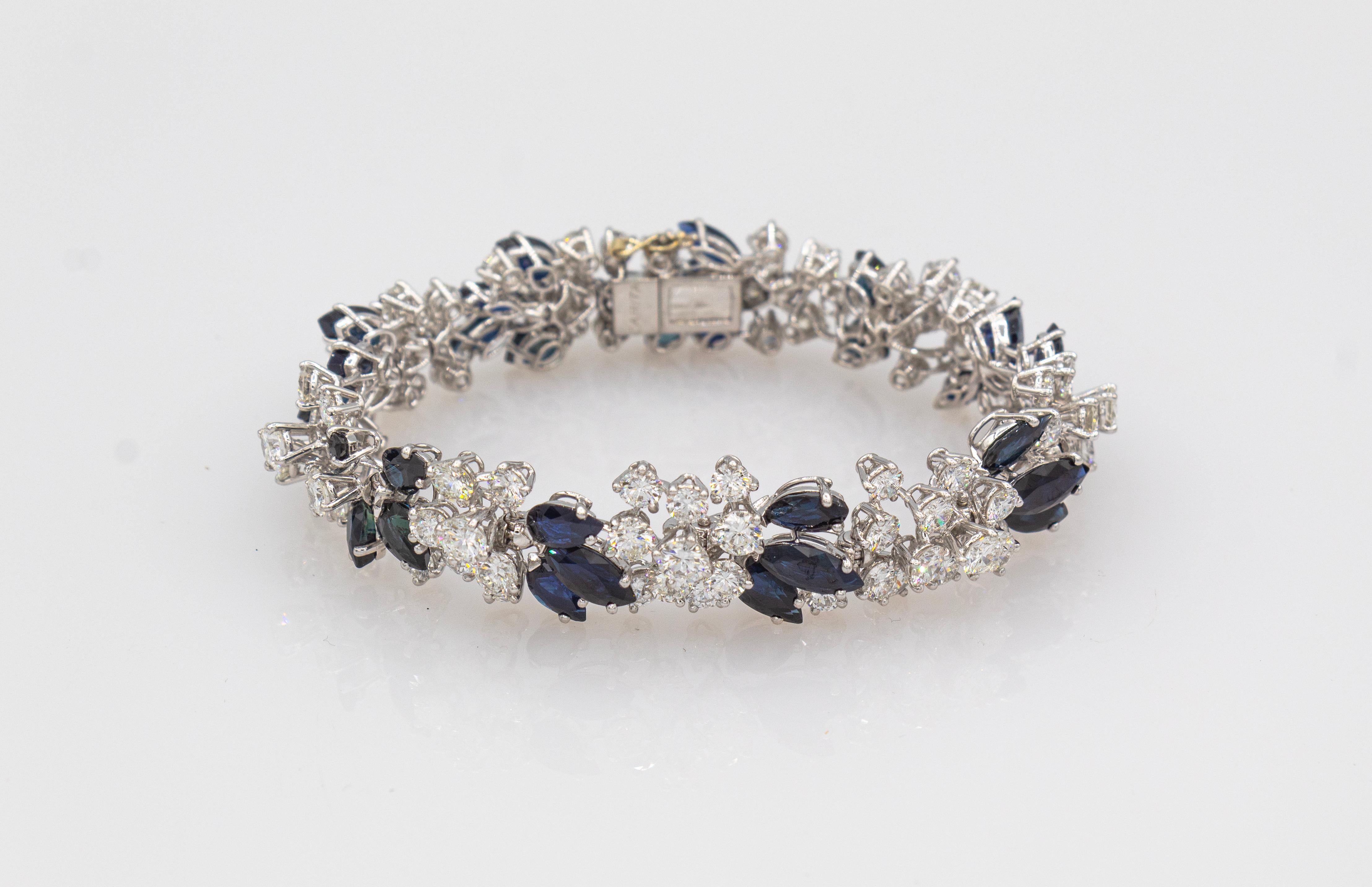 Women's or Men's Art Deco Style White Brilliant Cut Diamond Blue Sapphire White Gold Bracelet