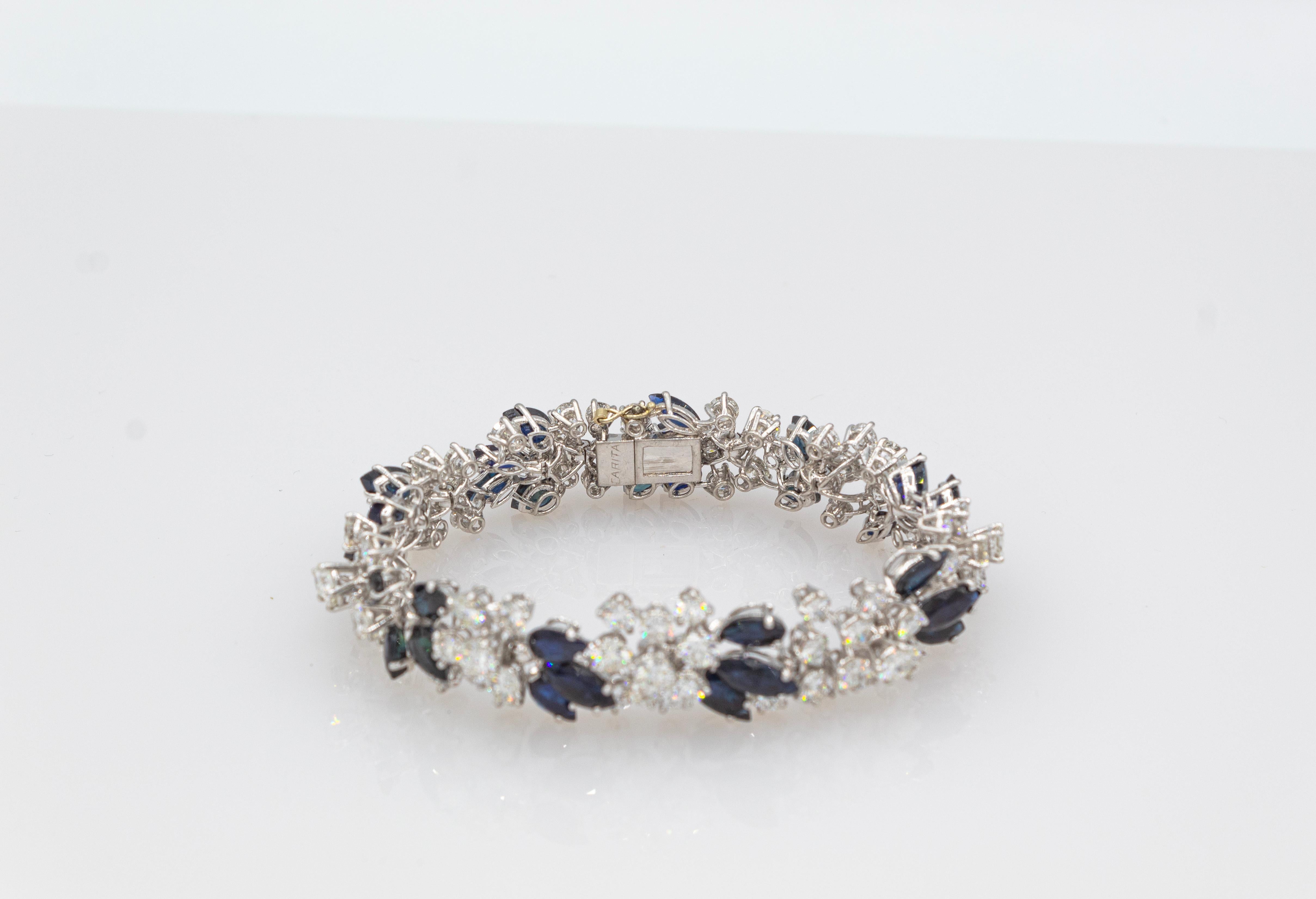 Art Deco Style White Brilliant Cut Diamond Blue Sapphire White Gold Bracelet For Sale 1