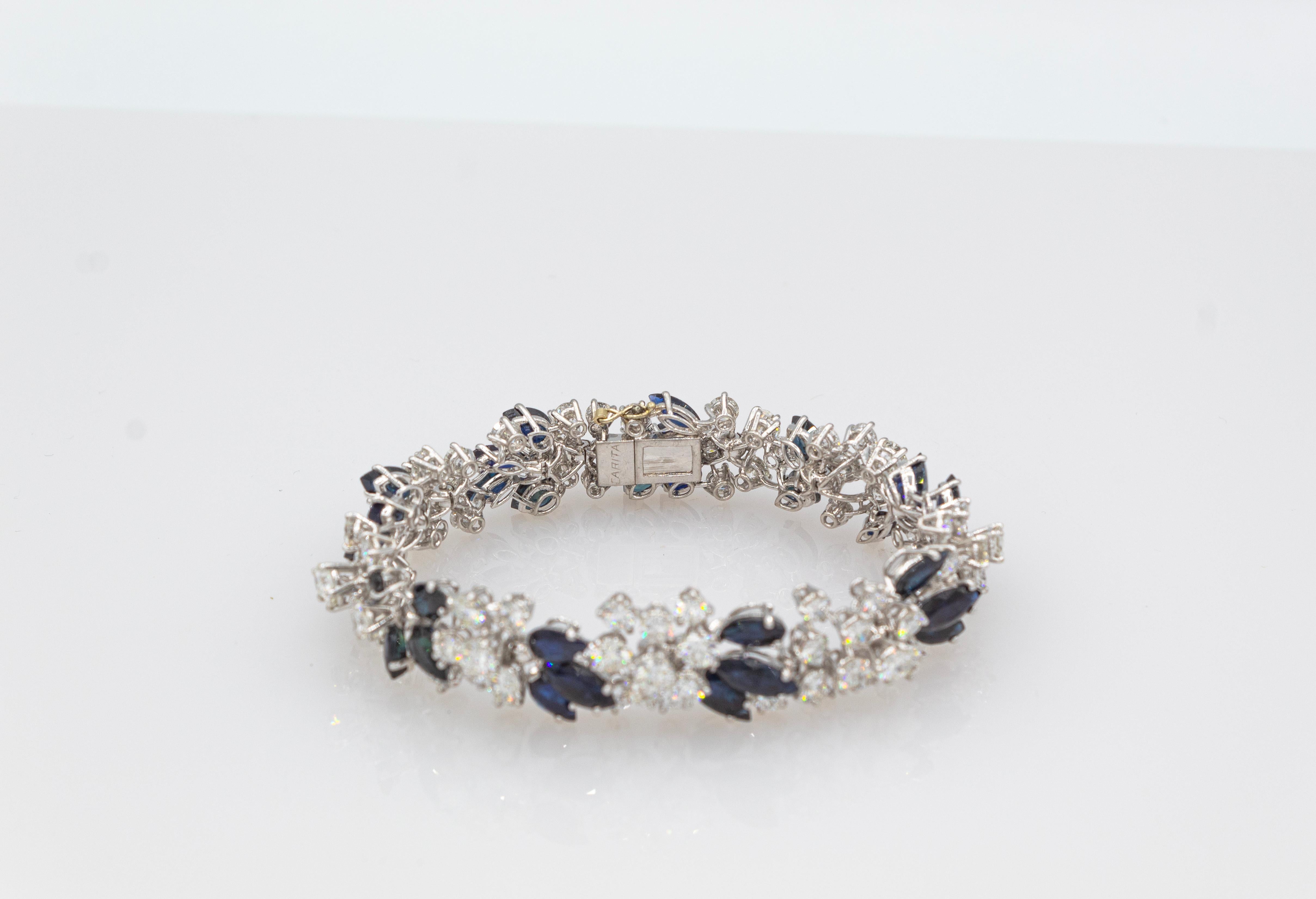 Pulsera de oro blanco con diamantes talla brillante estilo art déco y zafiro azul en Nuevo estado para la venta en Naples, IT