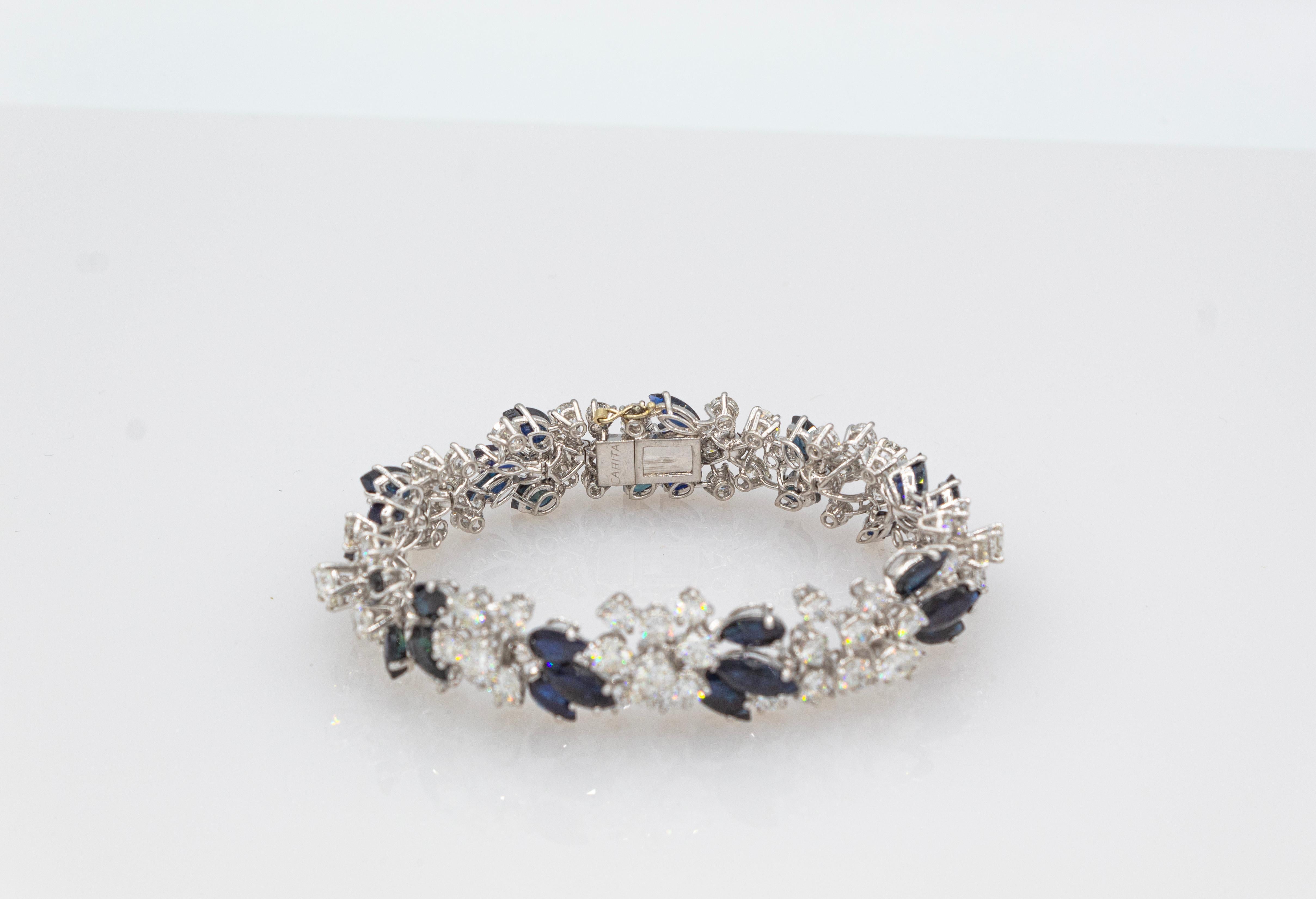 Art Deco Style White Brilliant Cut Diamond Blue Sapphire White Gold Bracelet 1