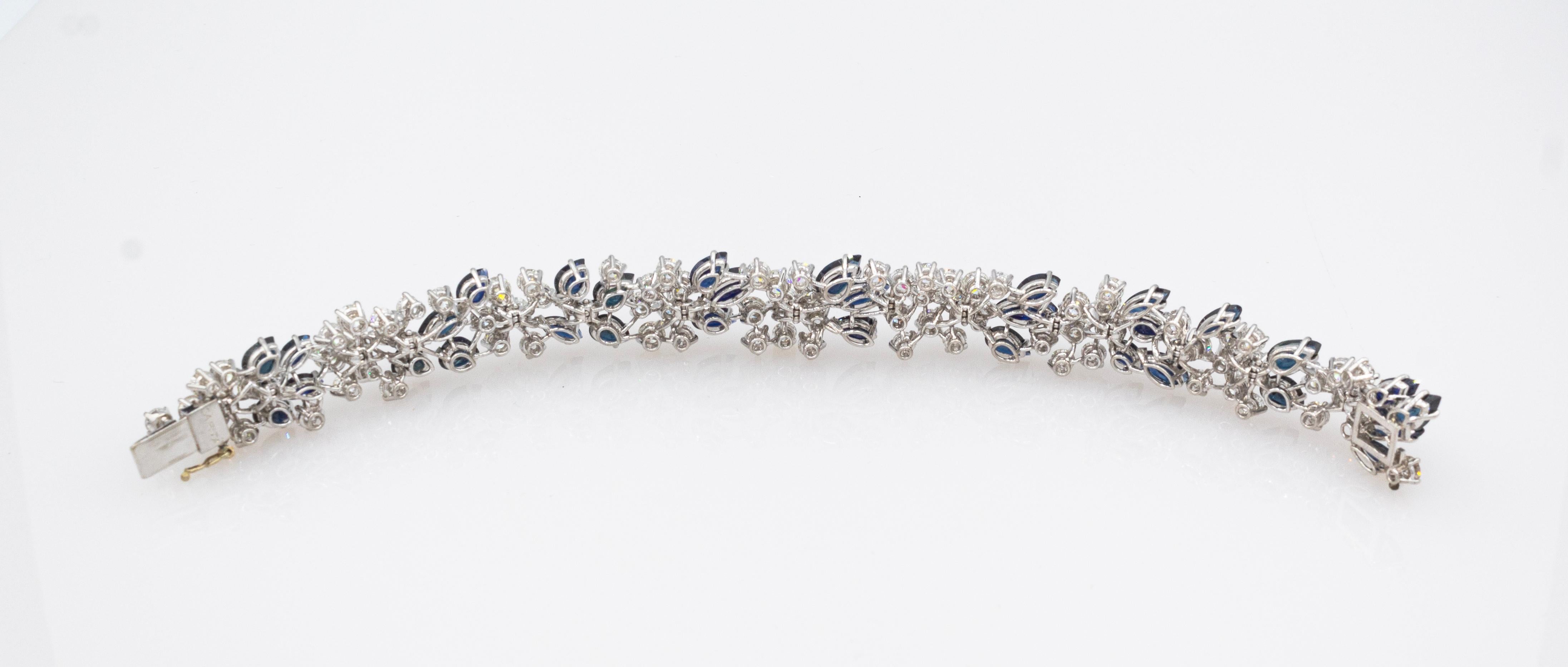 Art Deco Style White Brilliant Cut Diamond Blue Sapphire White Gold Bracelet For Sale 2