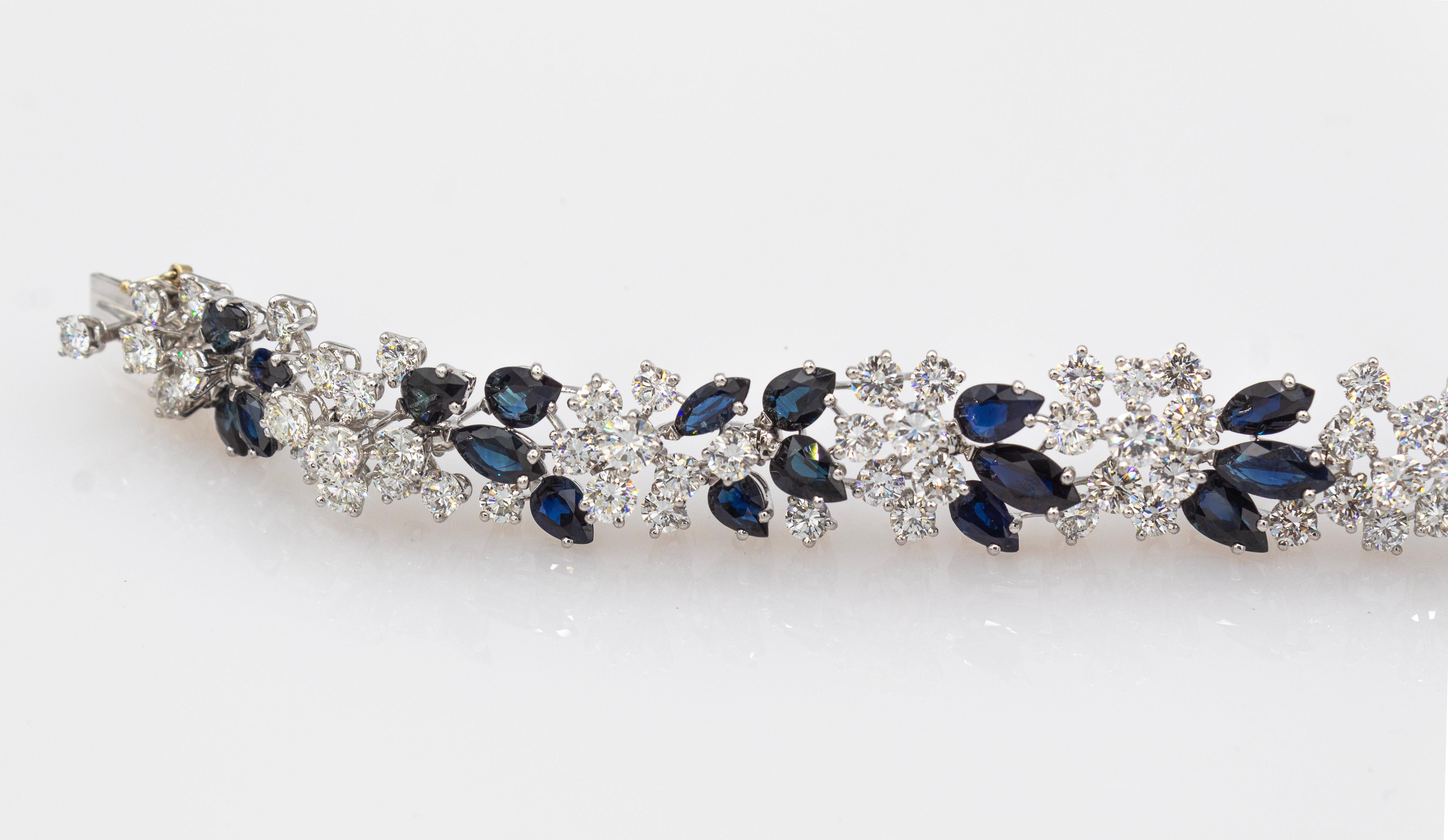 Art Deco Style White Brilliant Cut Diamond Blue Sapphire White Gold Bracelet For Sale 3