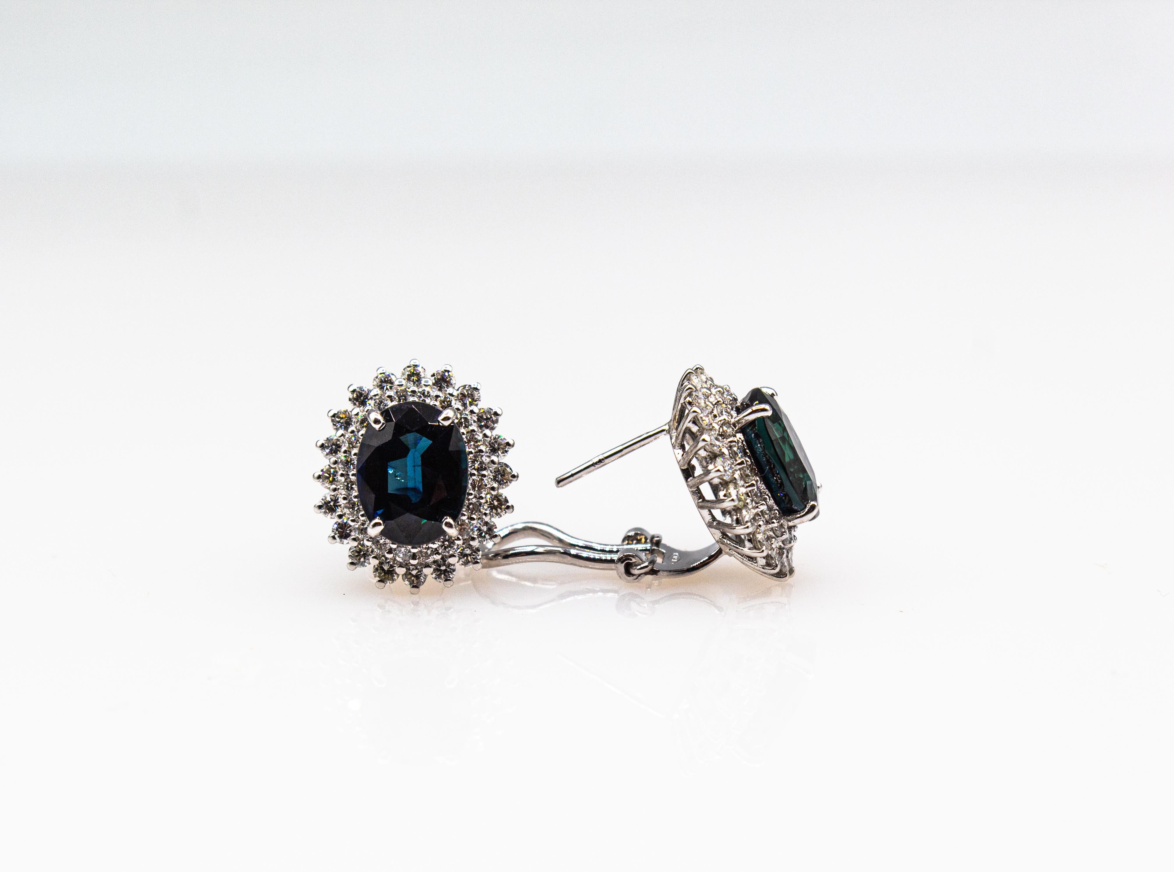 Art Deco Style White Brilliant Cut Diamond Blue Sapphire White Gold Earrings For Sale 6