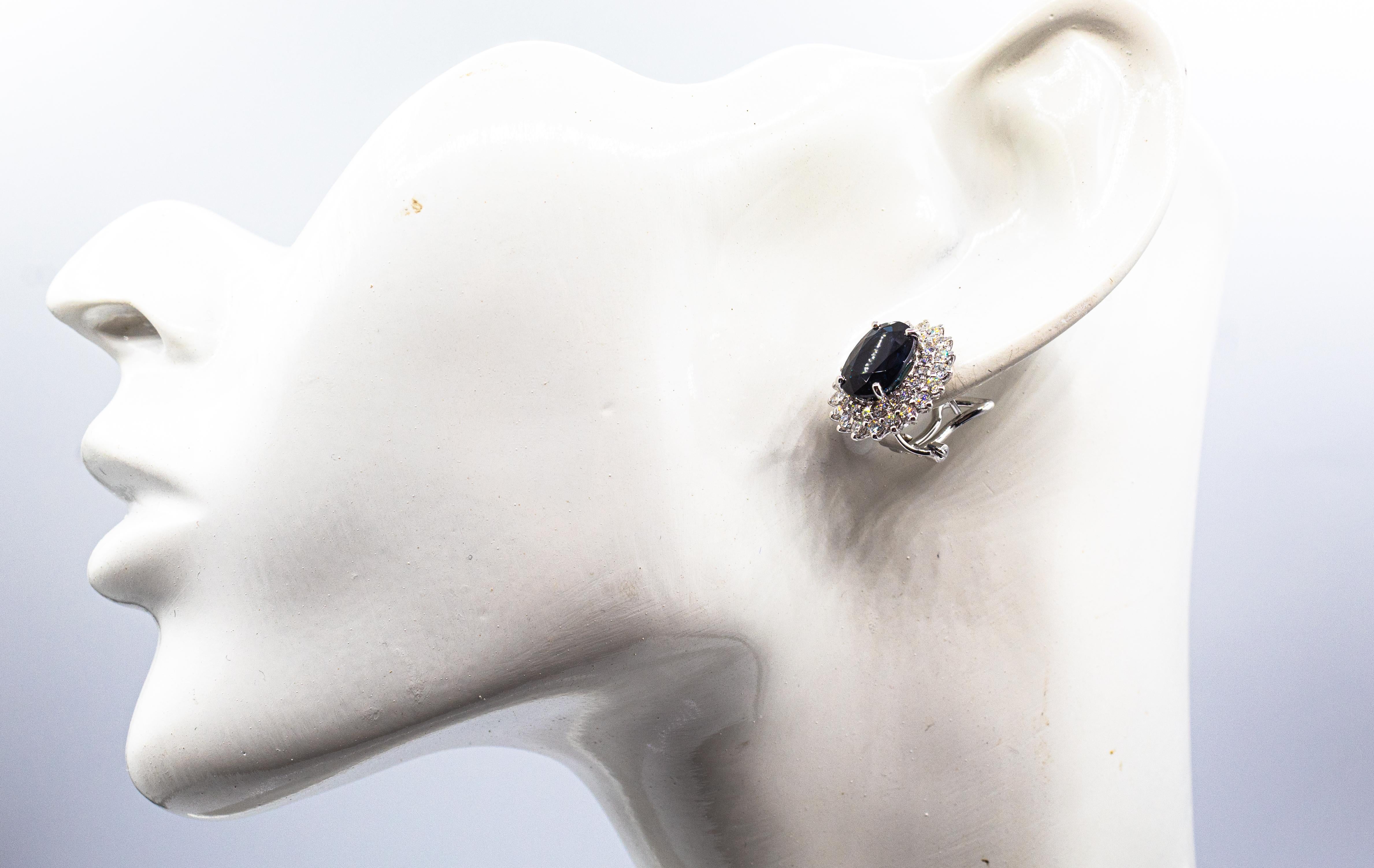Art Deco Style White Brilliant Cut Diamond Blue Sapphire White Gold Earrings For Sale 10