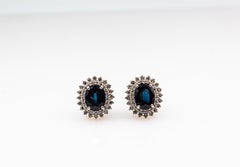 Art Deco Style White Brilliant Cut Diamond Blue Sapphire White Gold Earrings