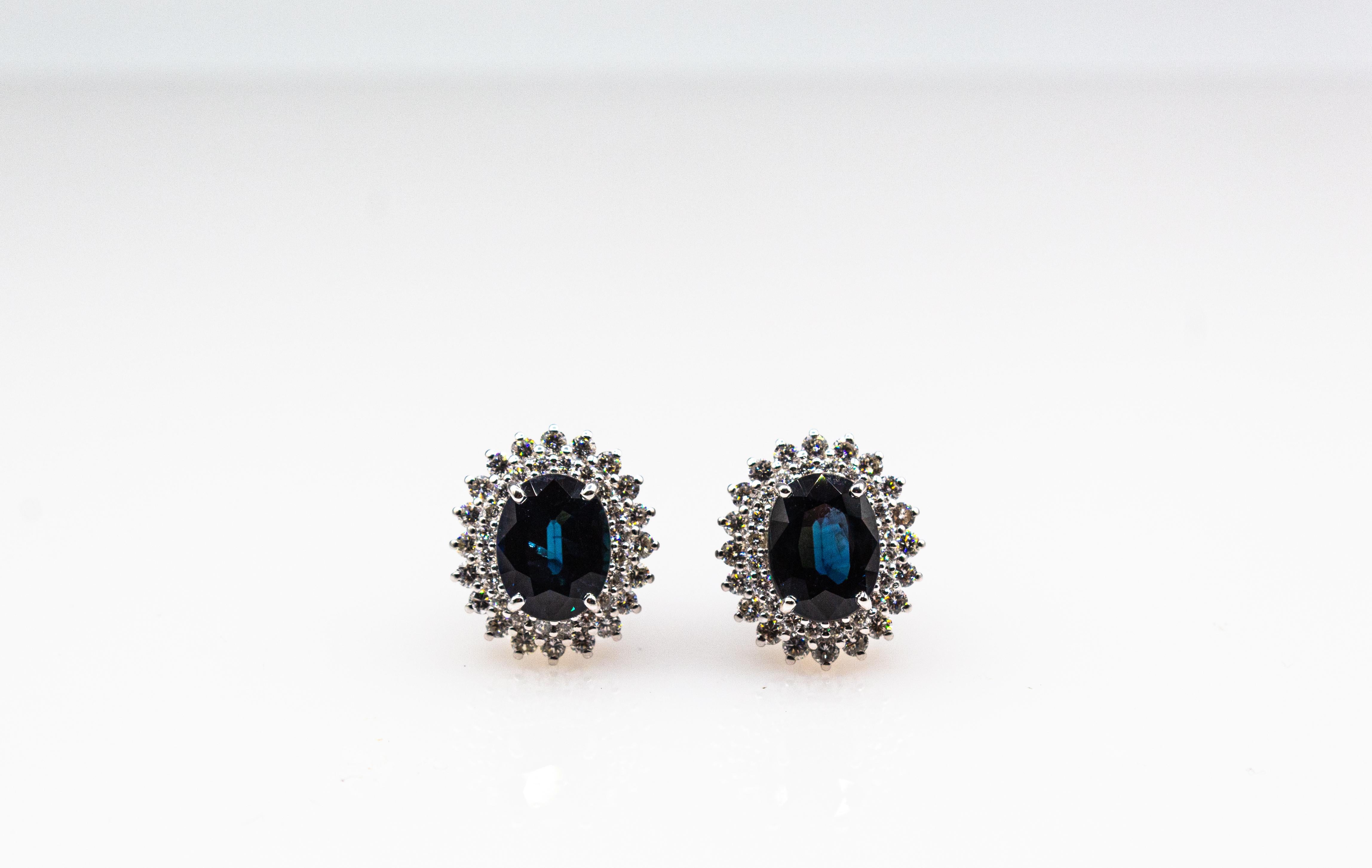 Women's or Men's Art Deco Style White Brilliant Cut Diamond Blue Sapphire White Gold Earrings For Sale