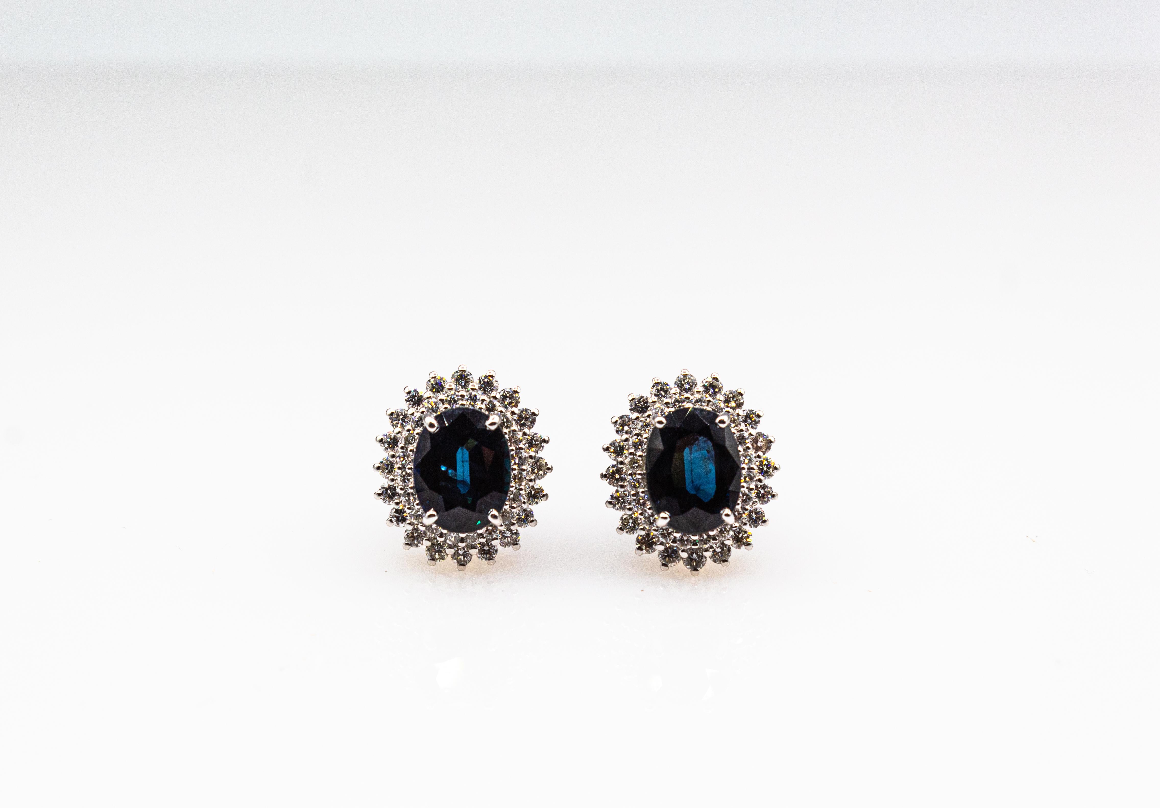Art Deco Style White Brilliant Cut Diamond Blue Sapphire White Gold Earrings For Sale 1