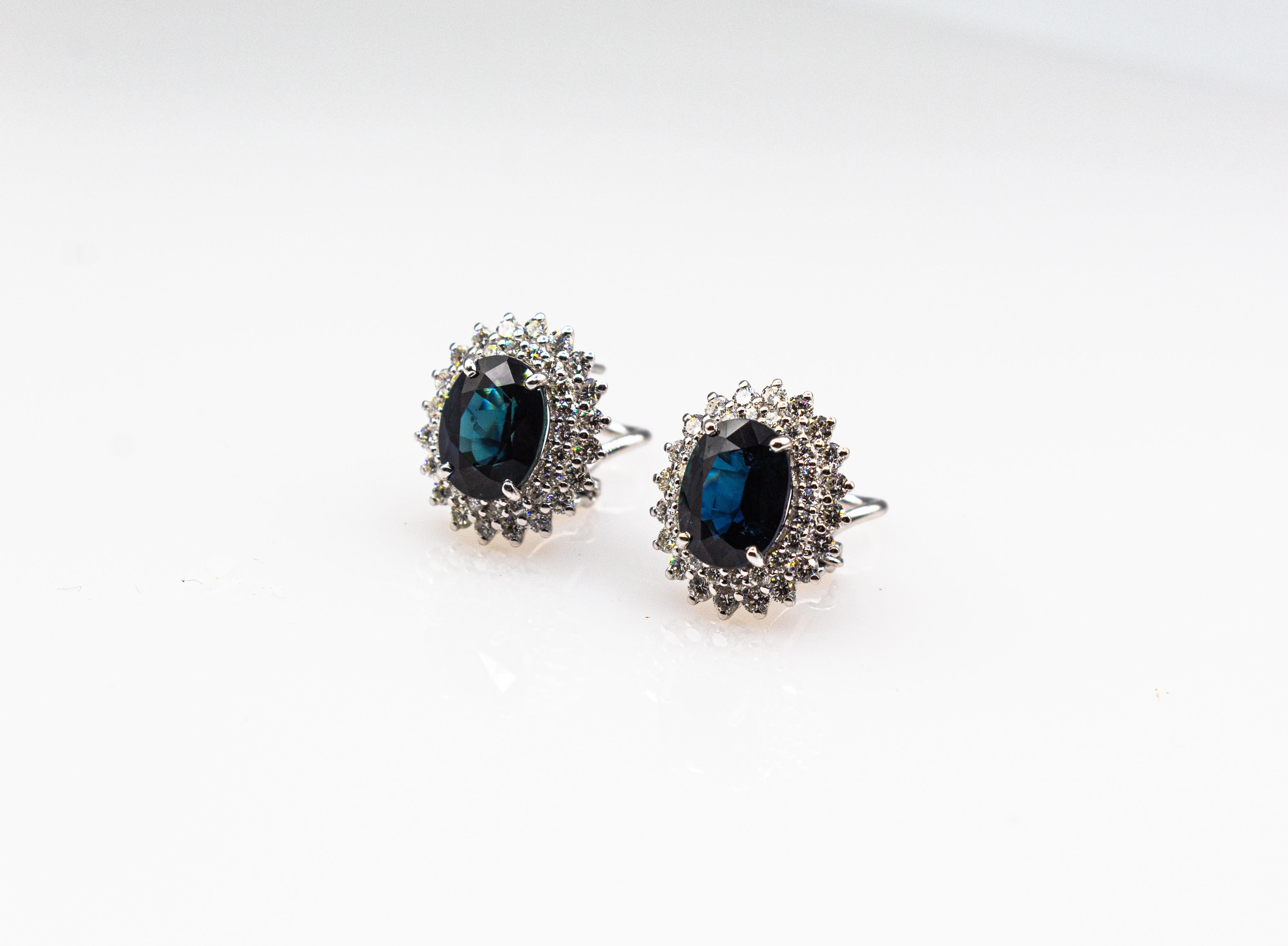 Art Deco Style White Brilliant Cut Diamond Blue Sapphire White Gold Earrings For Sale 2