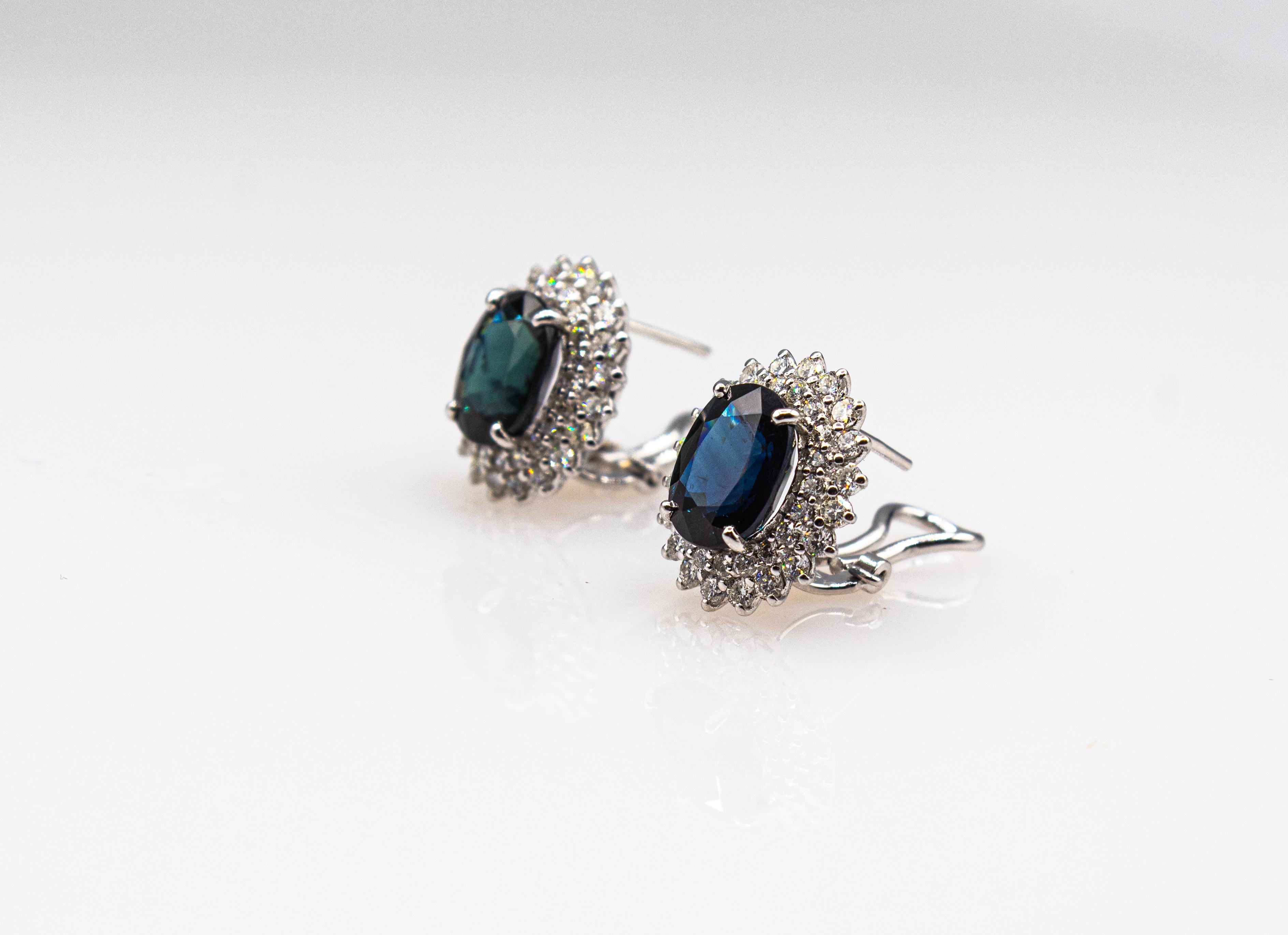 Art Deco Style White Brilliant Cut Diamond Blue Sapphire White Gold Earrings For Sale 3
