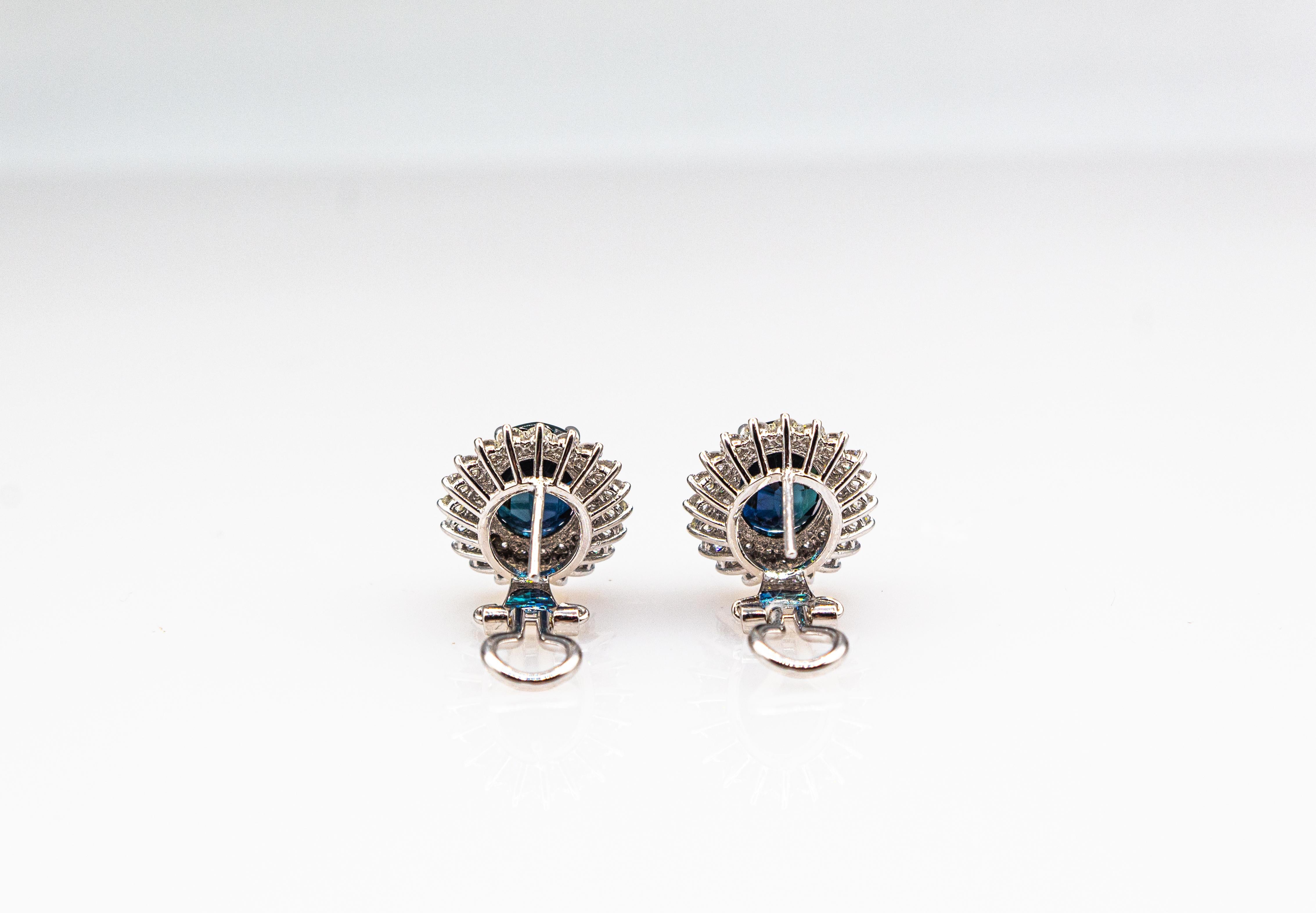 Art Deco Style White Brilliant Cut Diamond Blue Sapphire White Gold Earrings For Sale 4