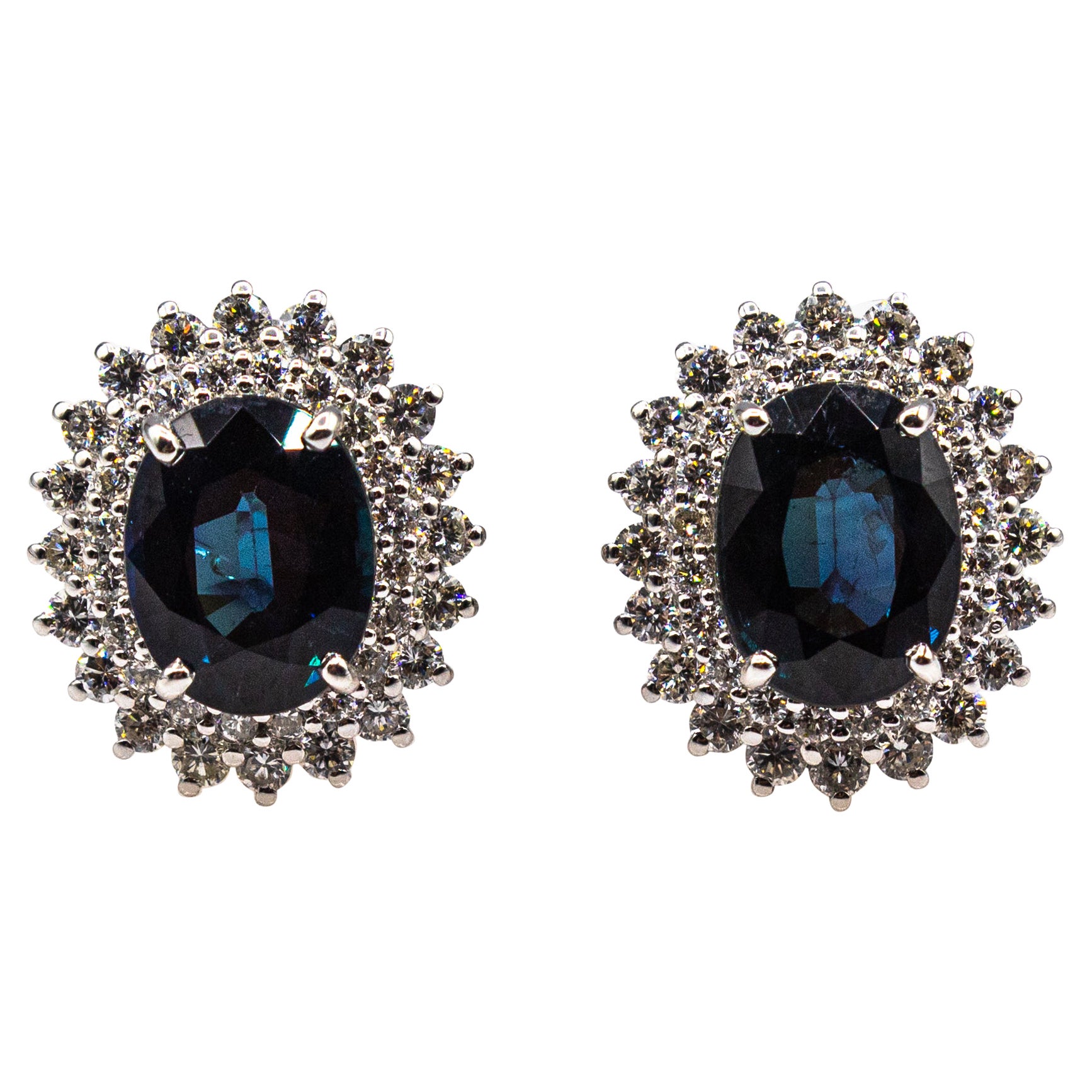Art Deco Style White Brilliant Cut Diamond Blue Sapphire White Gold Earrings