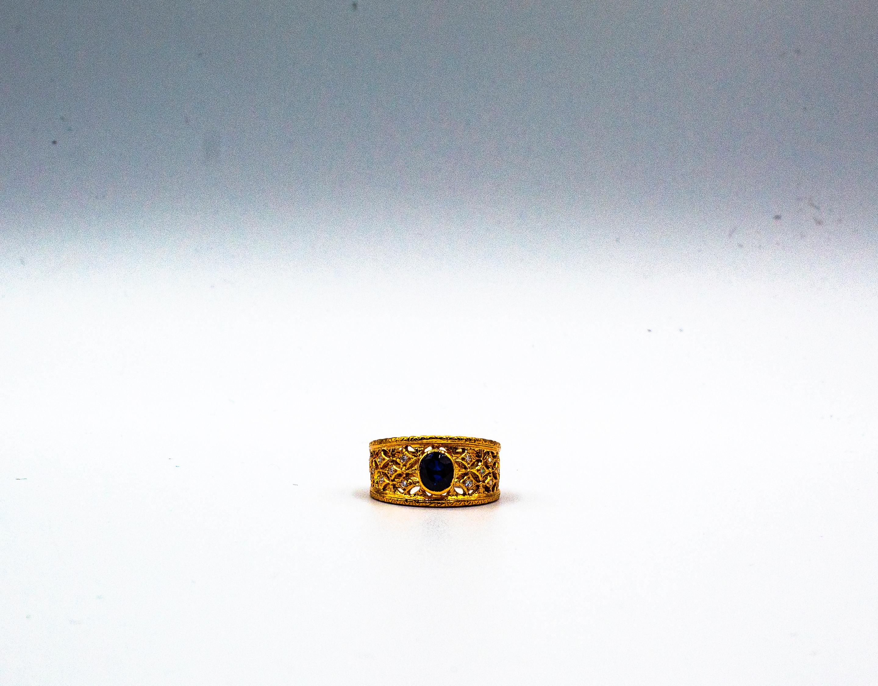 Anello a fascia in oro giallo con diamante blu e zaffiro, stile Art Deco, bianco e taglio a brillante in vendita 4
