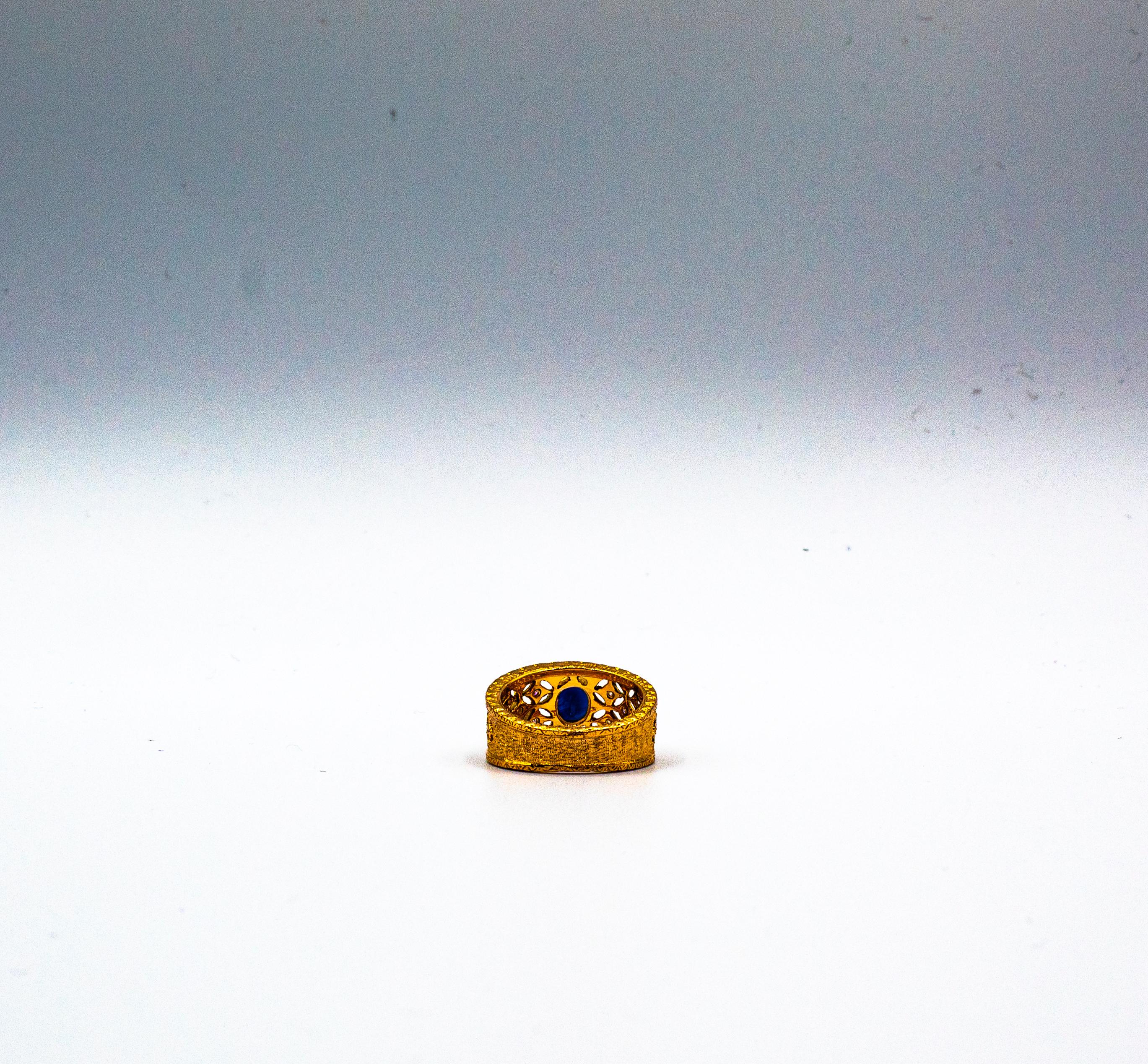 Anello a fascia in oro giallo con diamante blu e zaffiro, stile Art Deco, bianco e taglio a brillante in vendita 6