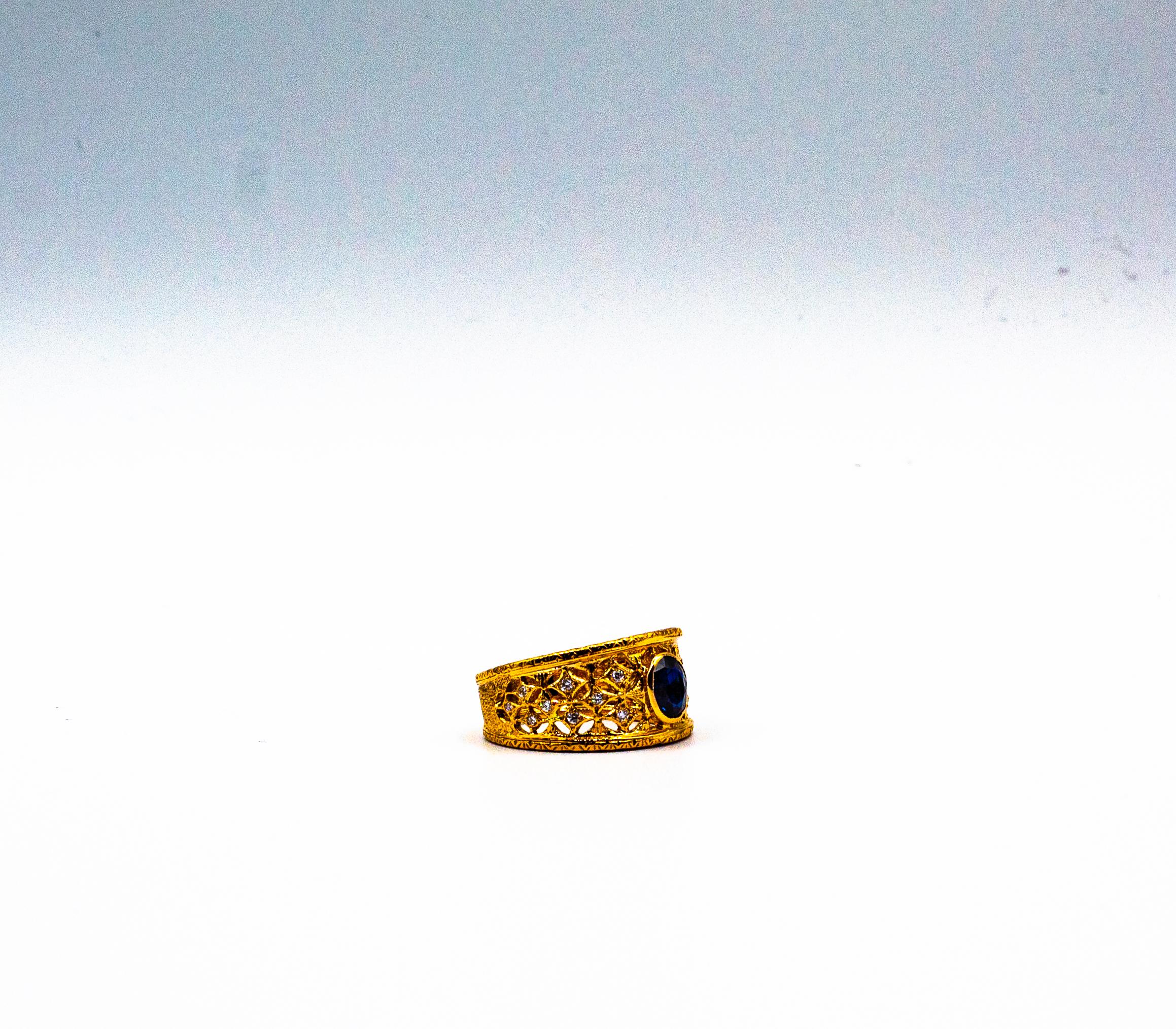Anello a fascia in oro giallo con diamante blu e zaffiro, stile Art Deco, bianco e taglio a brillante in vendita 7