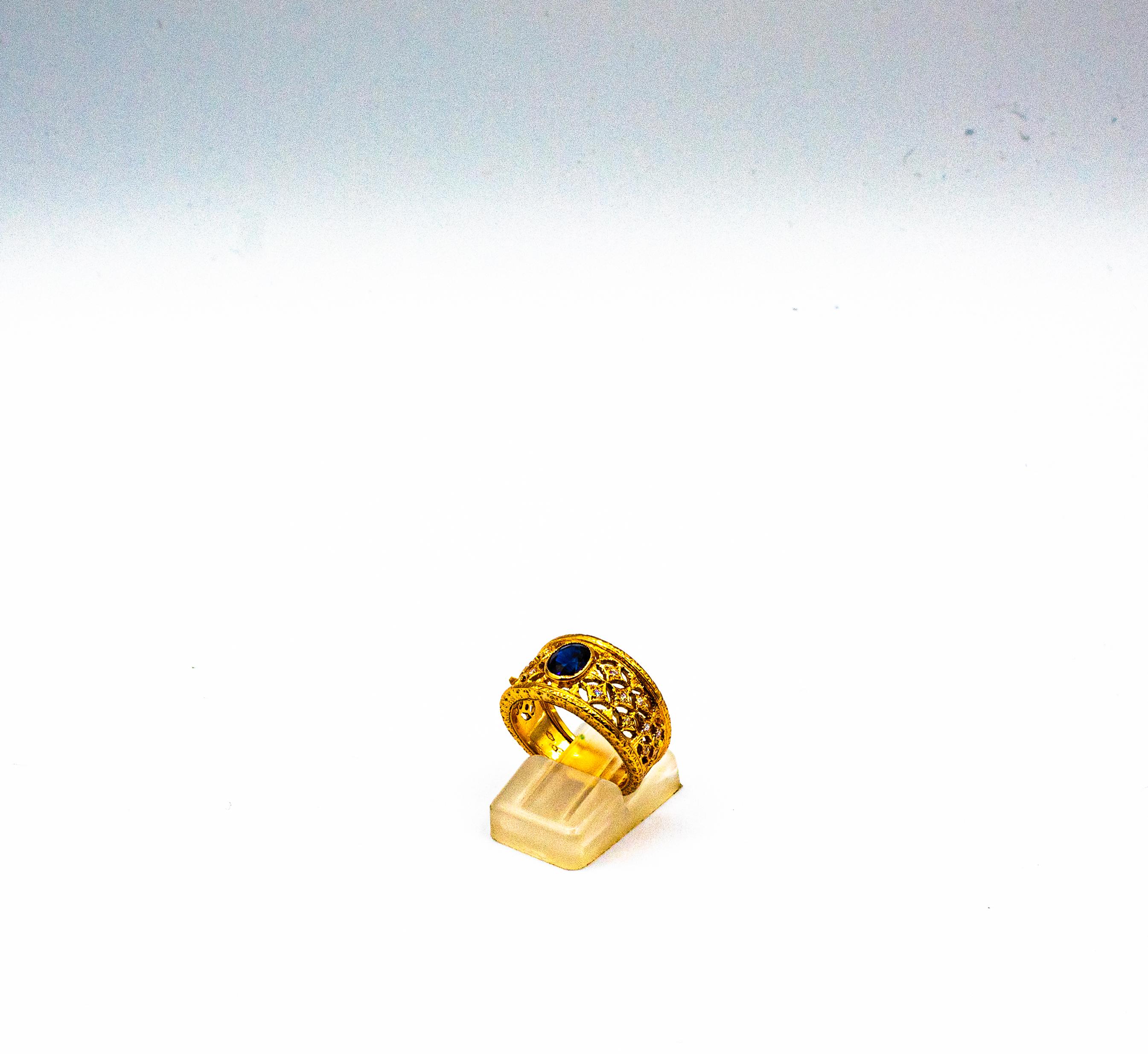 da uomo o donna Anello a fascia in oro giallo con diamante blu e zaffiro, stile Art Deco, bianco e taglio a brillante in vendita