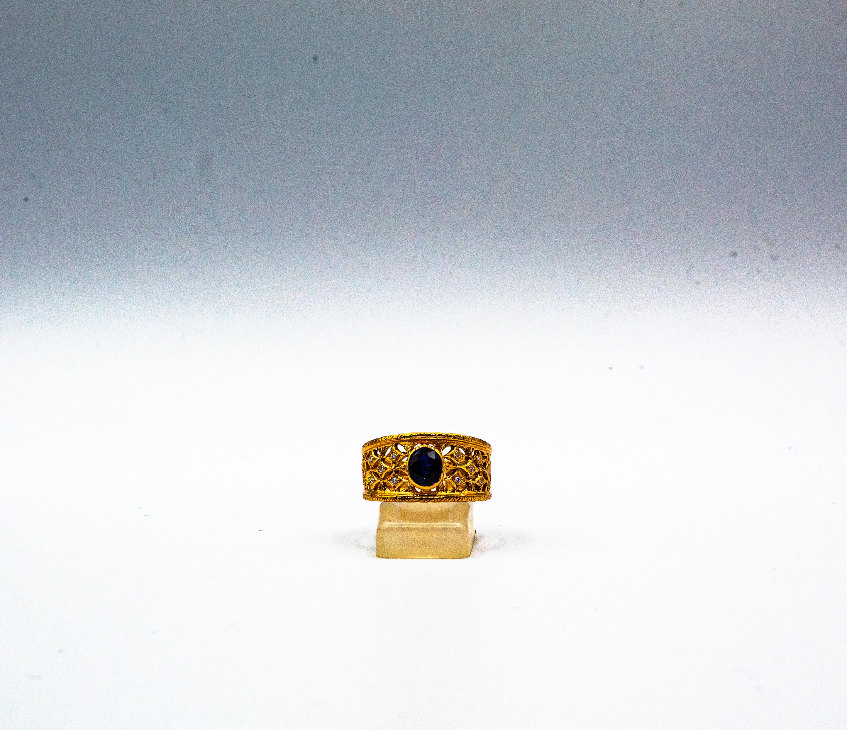 Anello a fascia in oro giallo con diamante blu e zaffiro, stile Art Deco, bianco e taglio a brillante in vendita 1