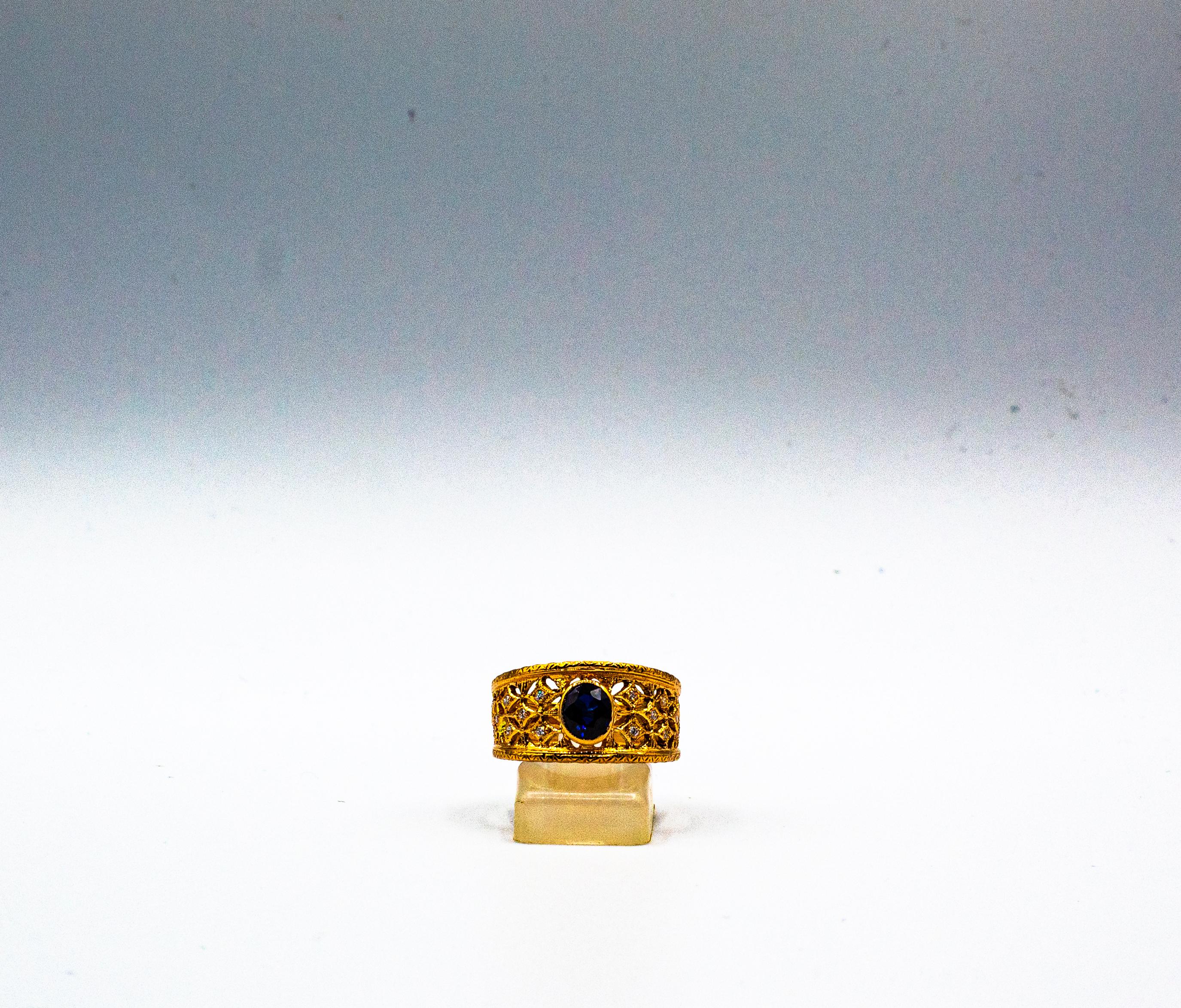 Anello a fascia in oro giallo con diamante blu e zaffiro, stile Art Deco, bianco e taglio a brillante in vendita 2