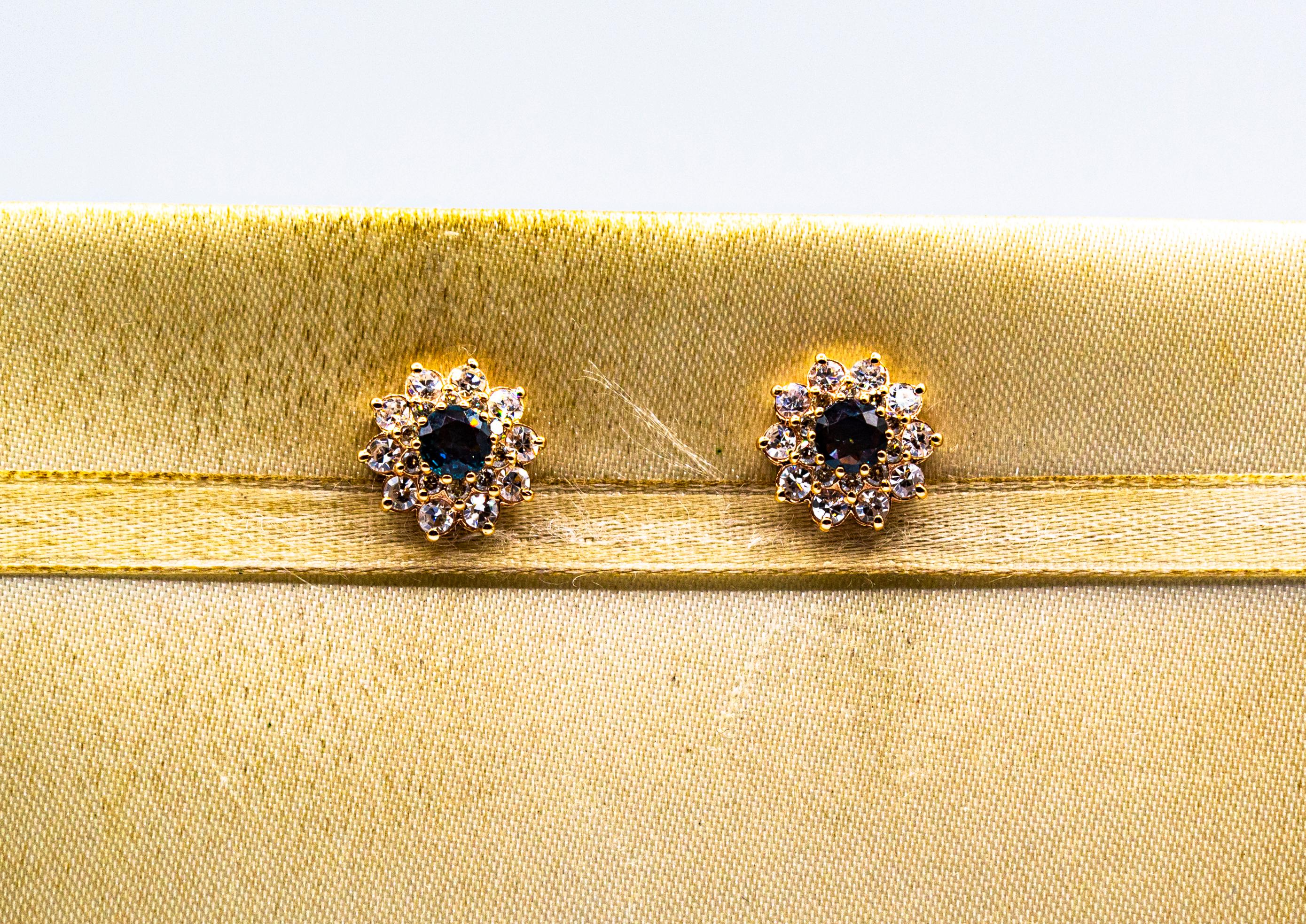 Women's or Men's Art Deco Style White Brilliant Cut Diamond Blue Sapphire Yellow Gold Earrings For Sale