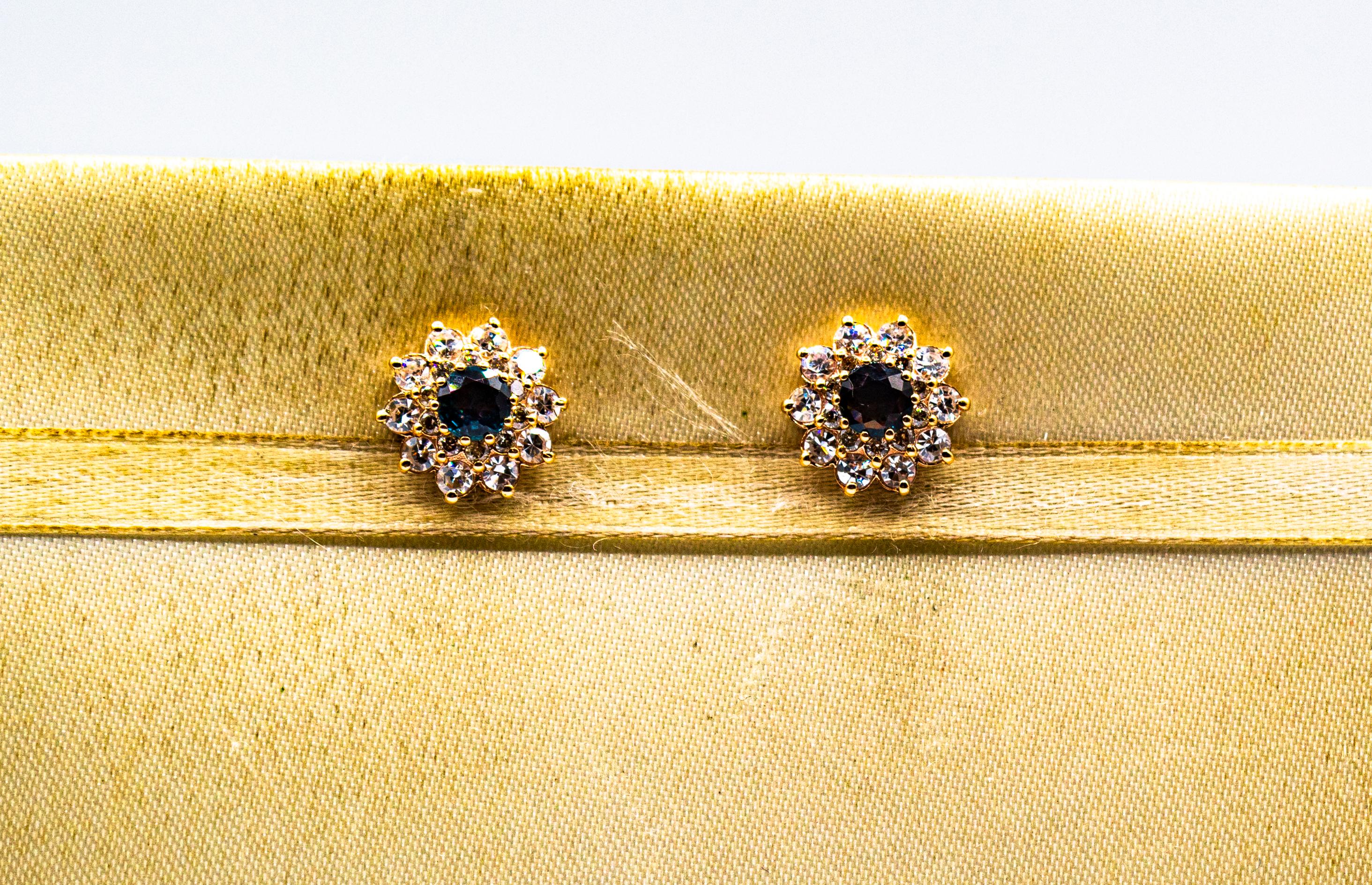Art Deco Style White Brilliant Cut Diamond Blue Sapphire Yellow Gold Earrings For Sale 1