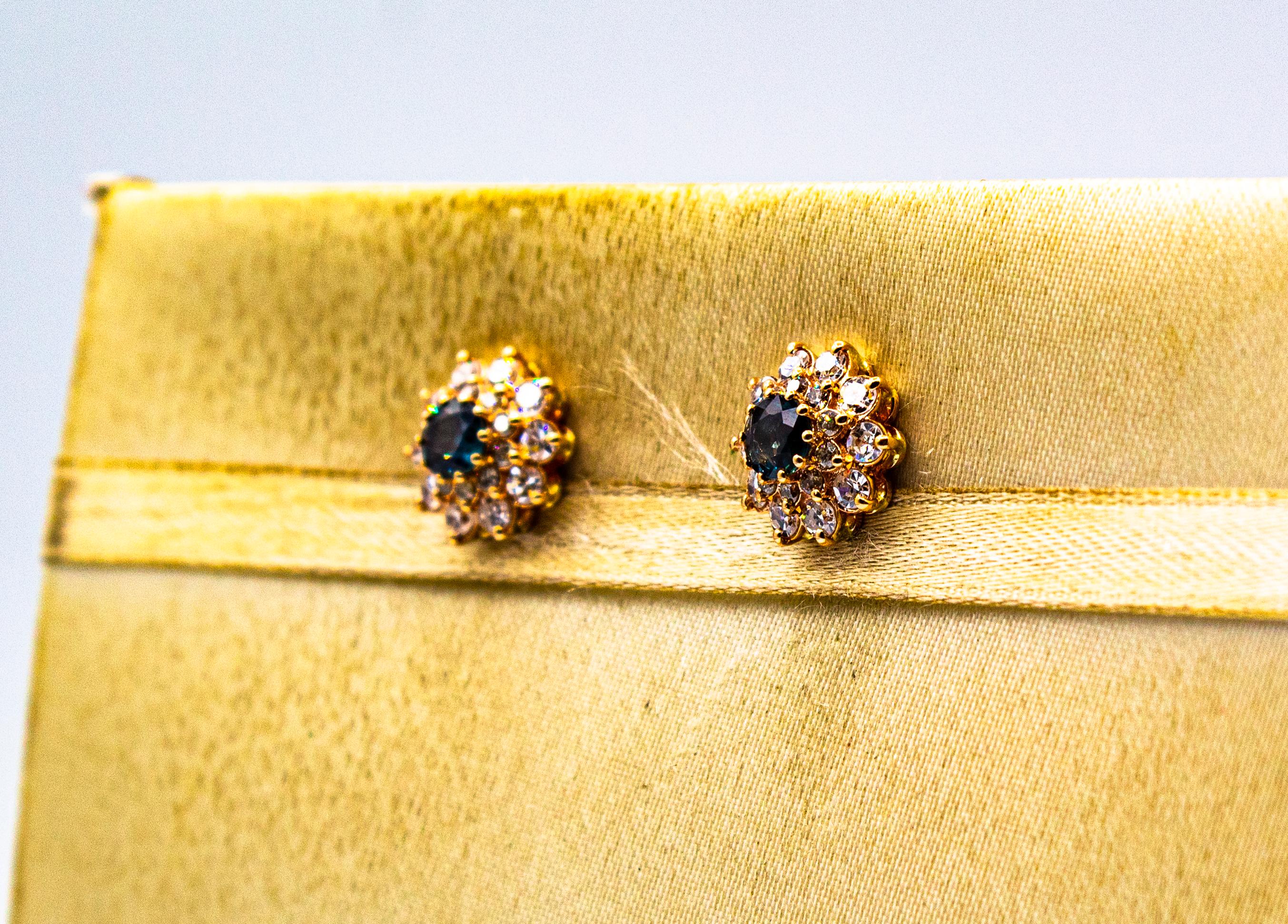 Art Deco Style White Brilliant Cut Diamond Blue Sapphire Yellow Gold Earrings For Sale 3