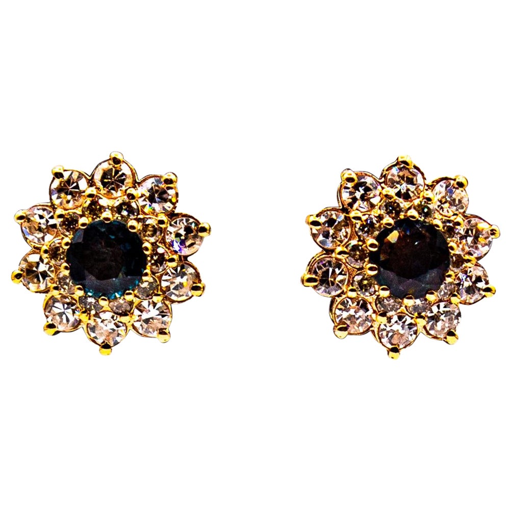 Pendientes de Oro Amarillo Zafiro Azul Diamante talla brillante Blanco Estilo Art Decó