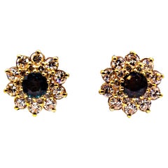 Pendientes de Oro Amarillo Zafiro Azul Diamante talla brillante Blanco Estilo Art Decó