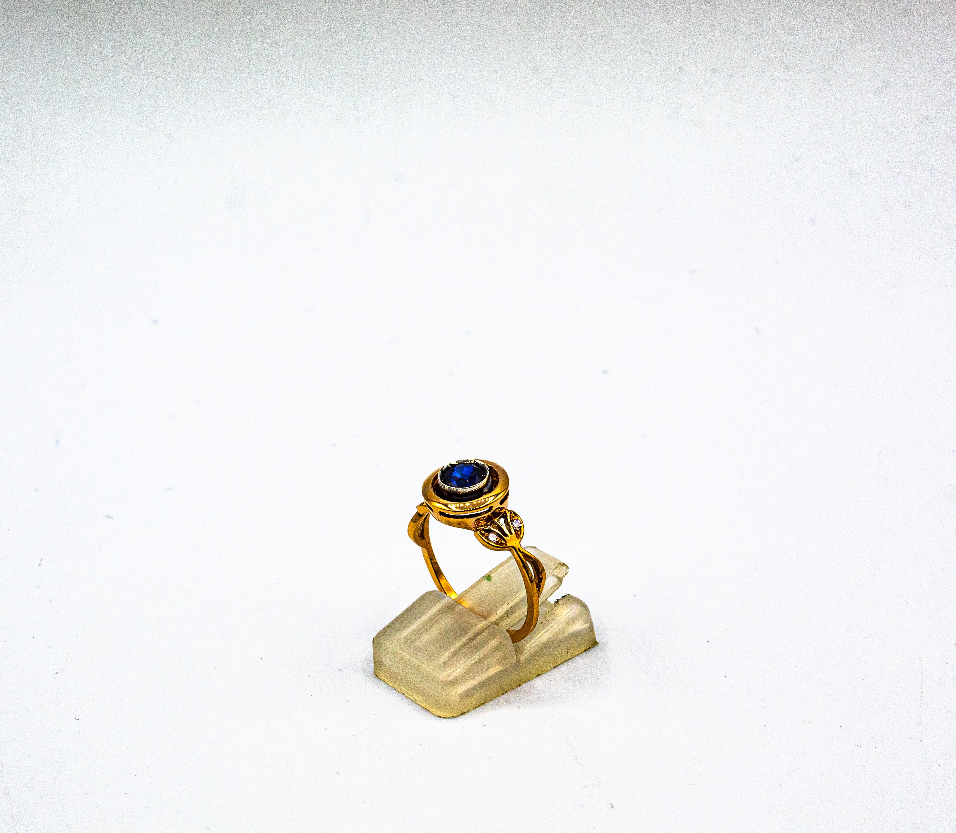 Art Deco Style White Brilliant Cut Diamond Blue Sapphire Yellow Gold Ring 6