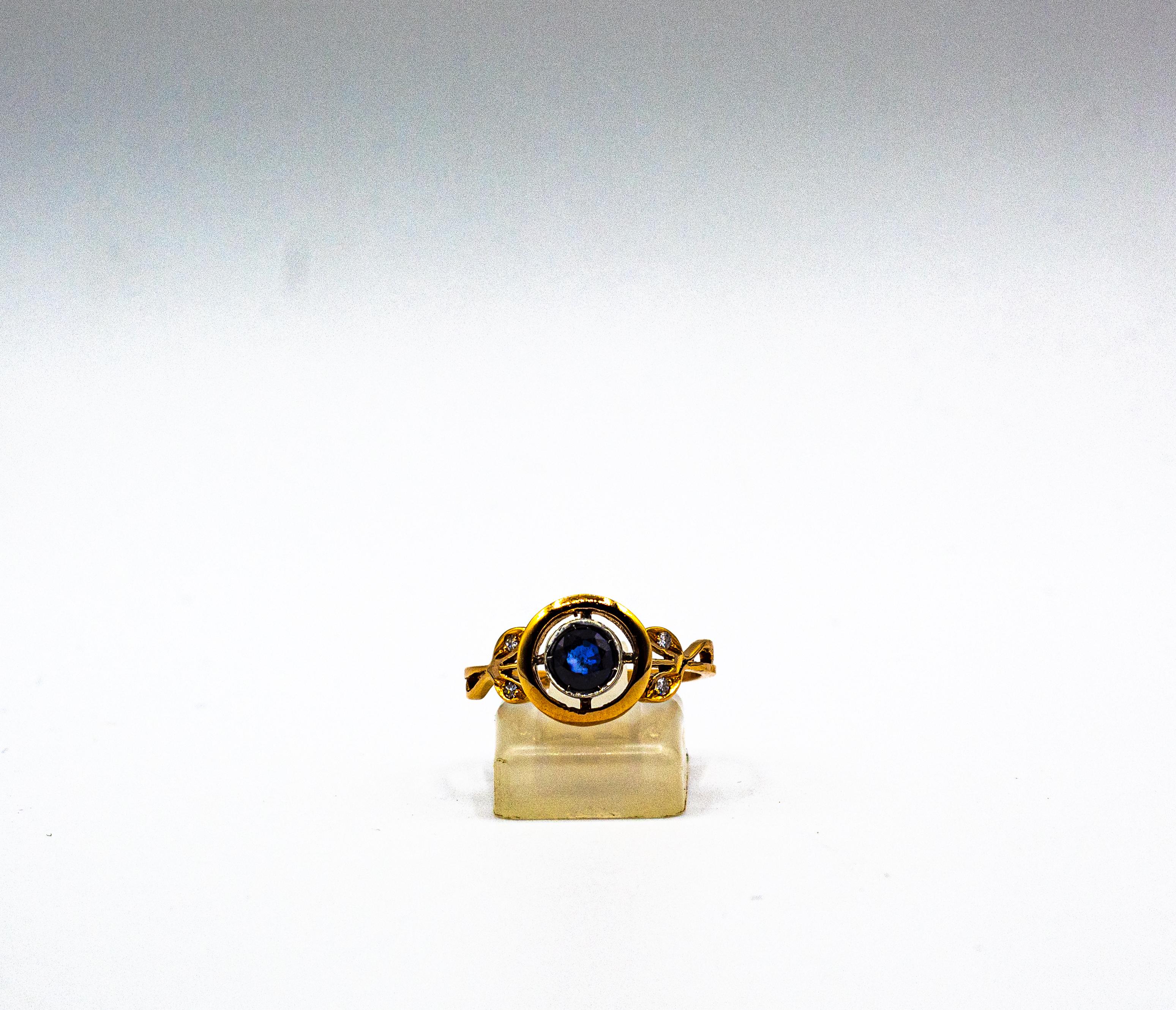 Art Deco Style White Brilliant Cut Diamond Blue Sapphire Yellow Gold Ring 7