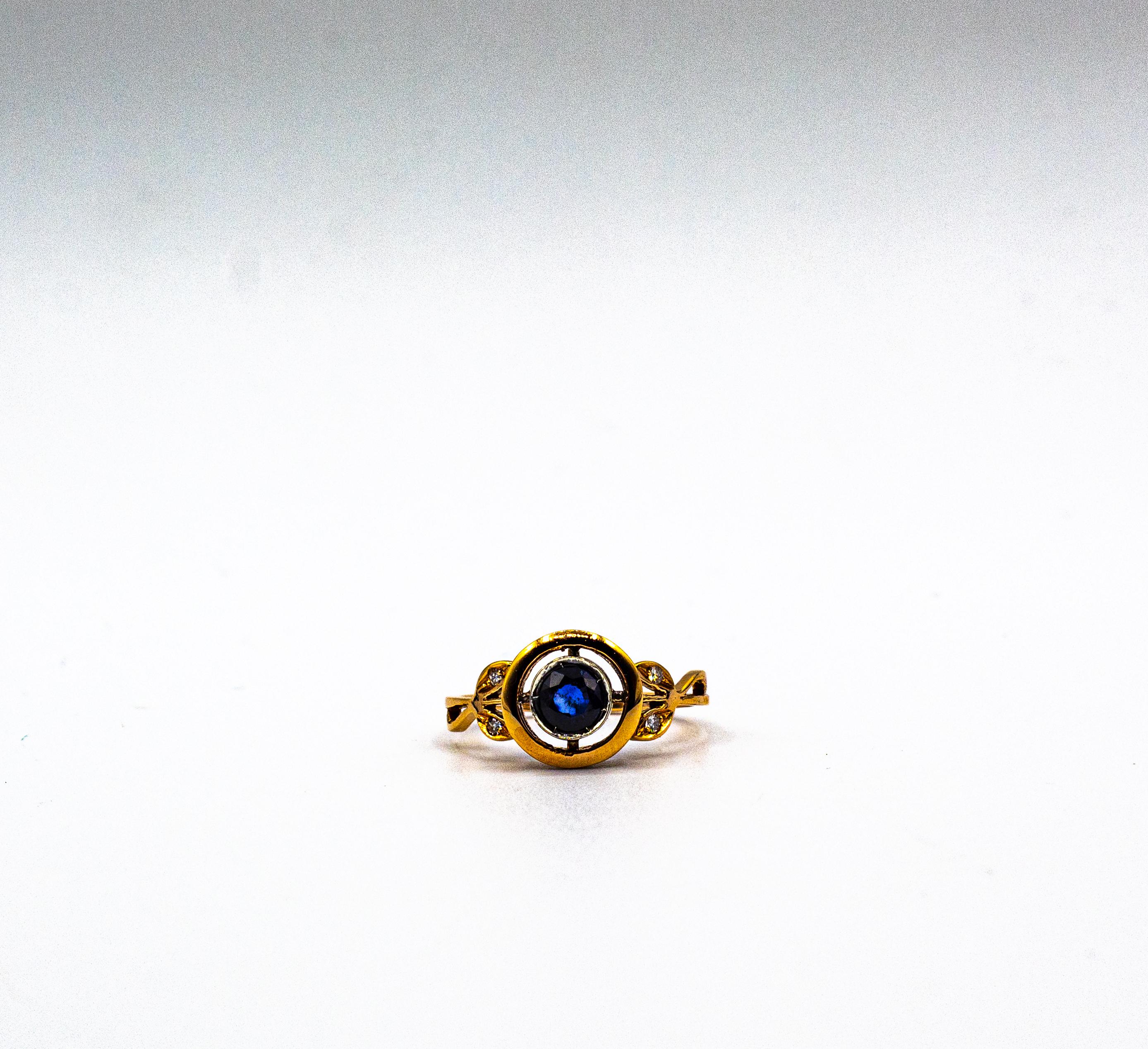 Art Deco Style White Brilliant Cut Diamond Blue Sapphire Yellow Gold Ring 9