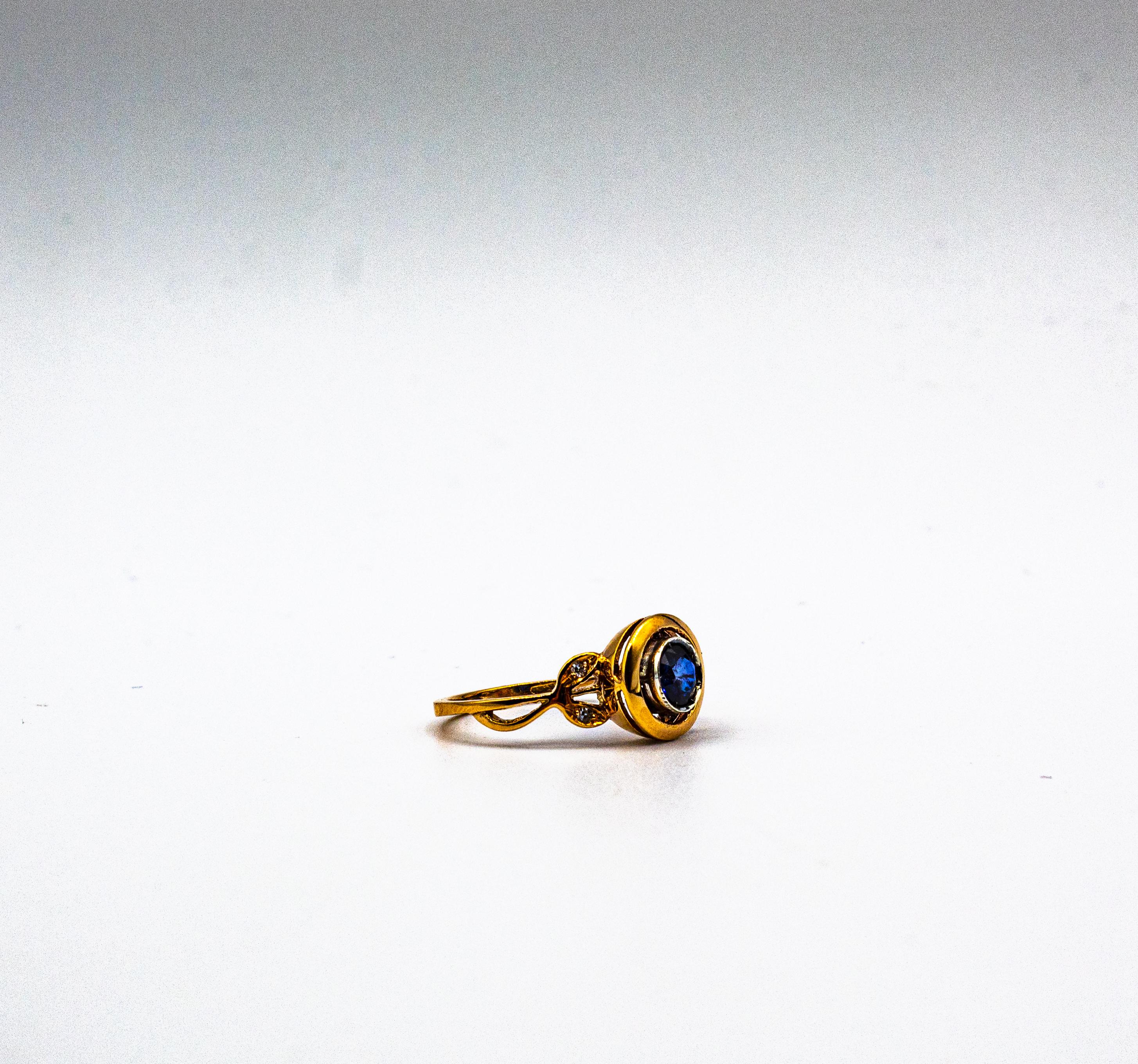 Art Deco Style White Brilliant Cut Diamond Blue Sapphire Yellow Gold Ring 10