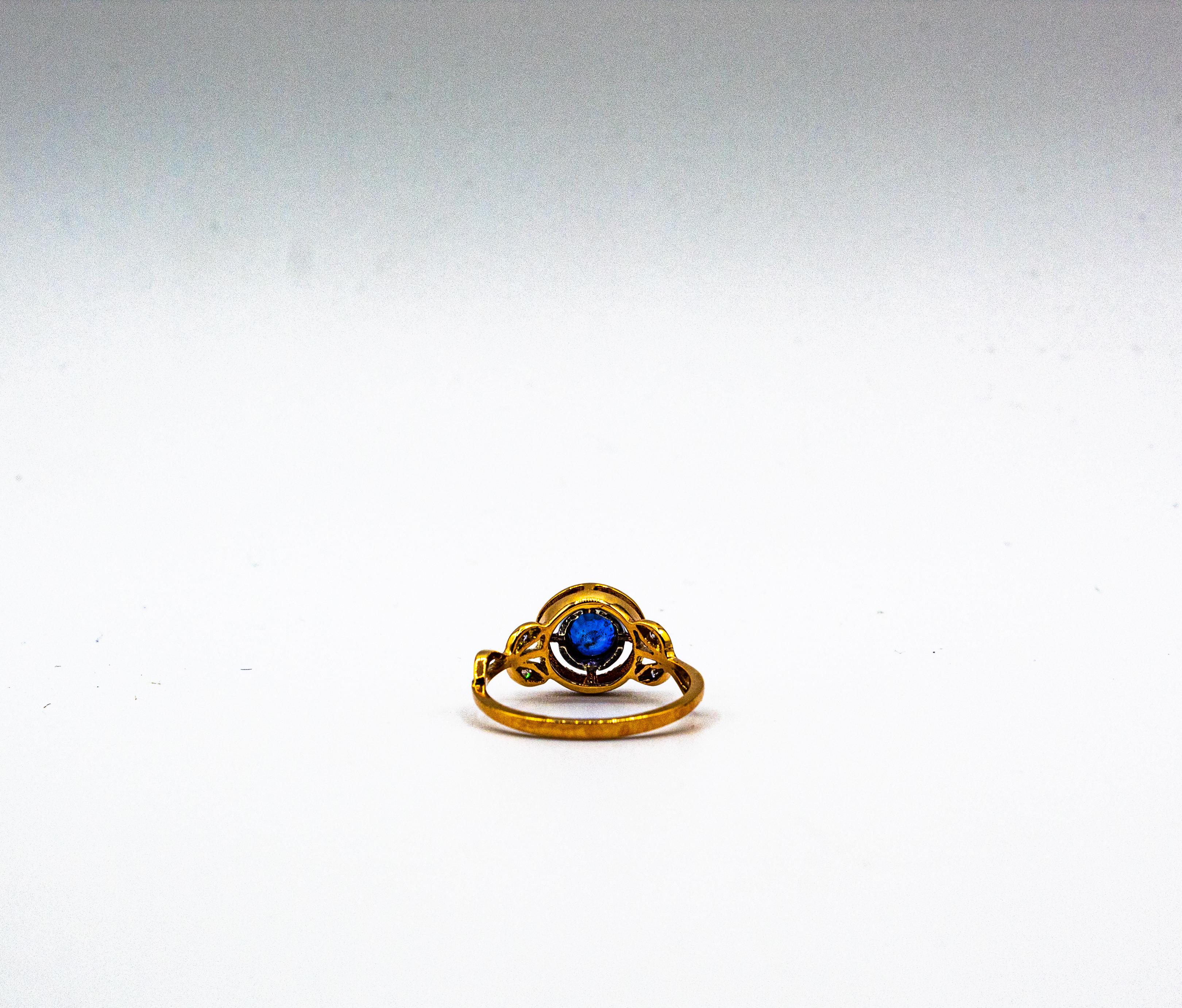 Art Deco Style White Brilliant Cut Diamond Blue Sapphire Yellow Gold Ring 11