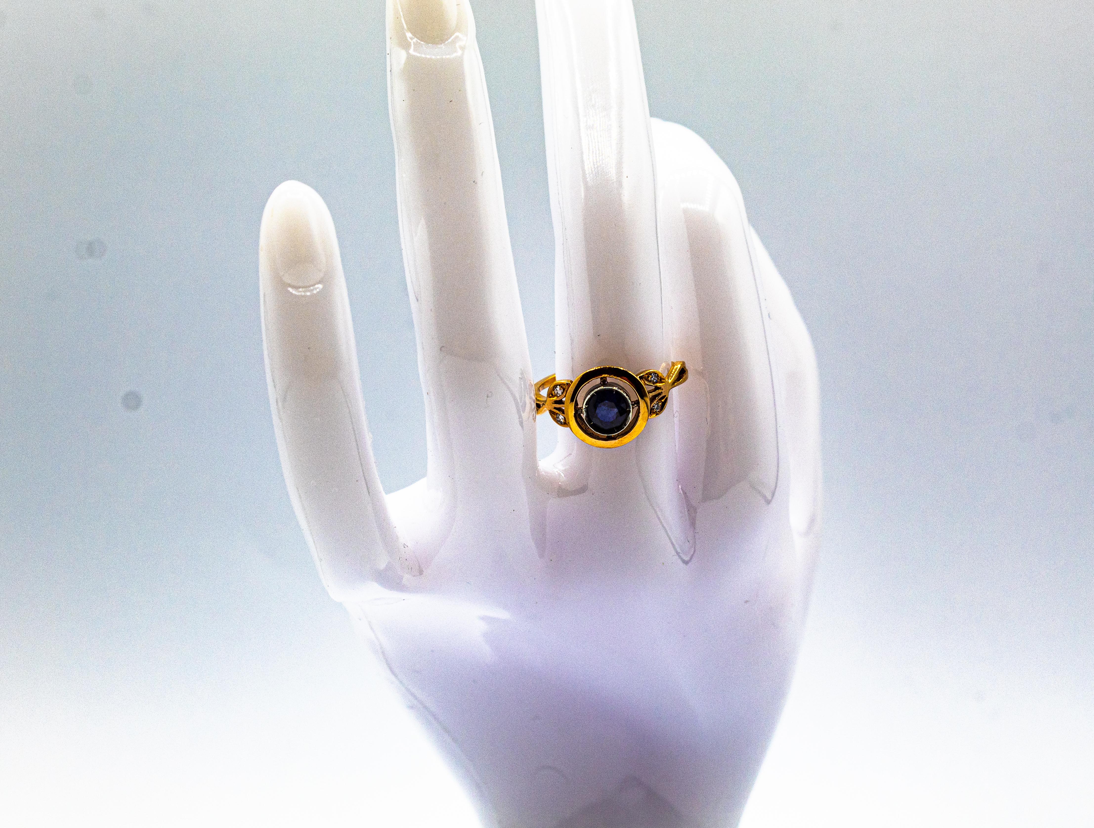 Art Deco Style White Brilliant Cut Diamond Blue Sapphire Yellow Gold Ring For Sale 13