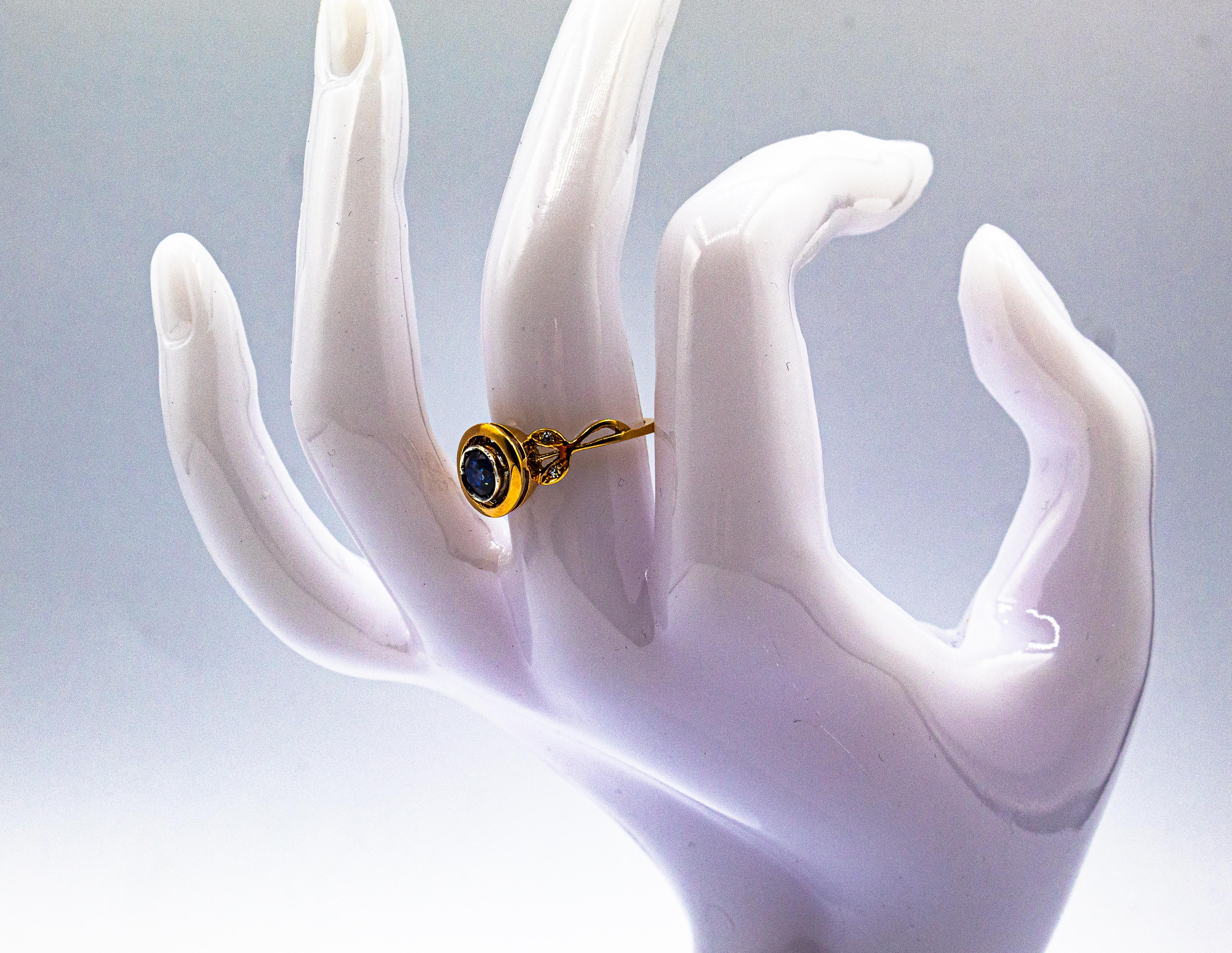 Art Deco Style White Brilliant Cut Diamond Blue Sapphire Yellow Gold Ring For Sale 14