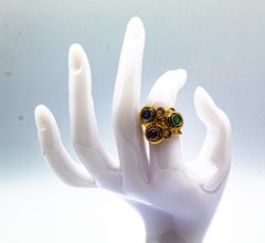 Art Deco Style White Brilliant Cut Diamond Blue Sapphire Yellow Gold Ring