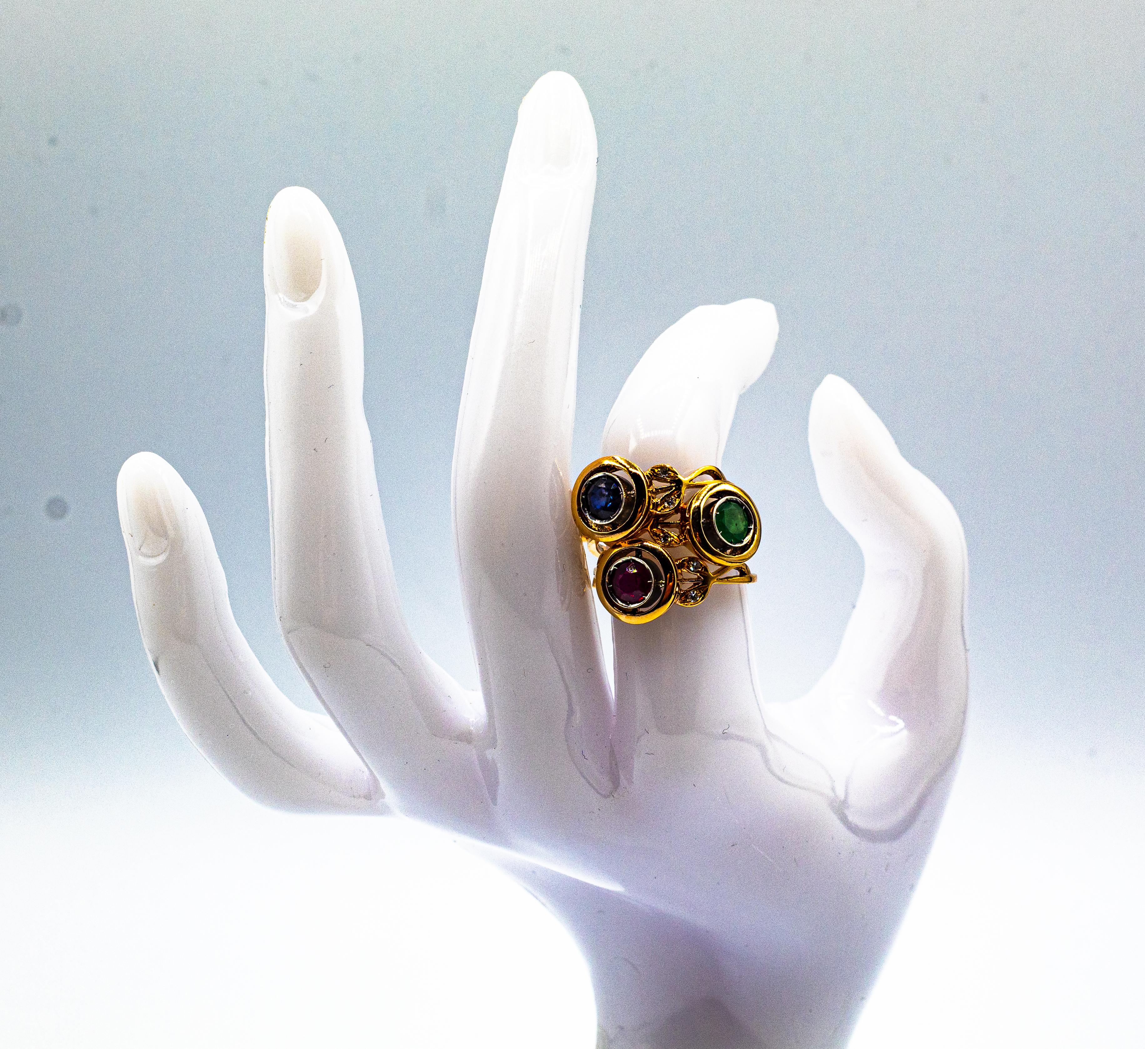 Art Deco Style White Brilliant Cut Diamond Blue Sapphire Yellow Gold Ring In New Condition For Sale In Naples, IT
