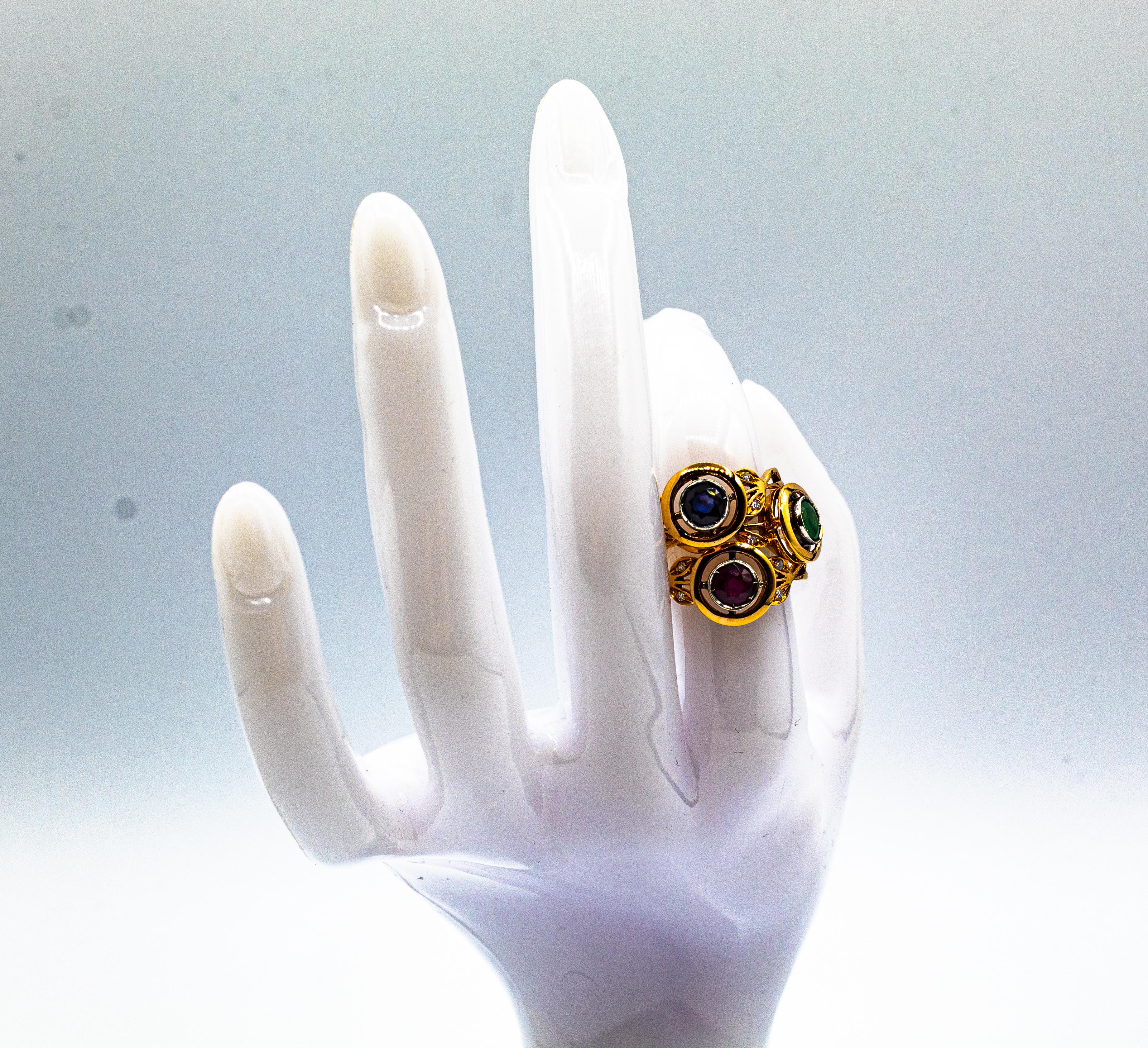 Art Deco Style White Brilliant Cut Diamond Blue Sapphire Yellow Gold Ring For Sale 1