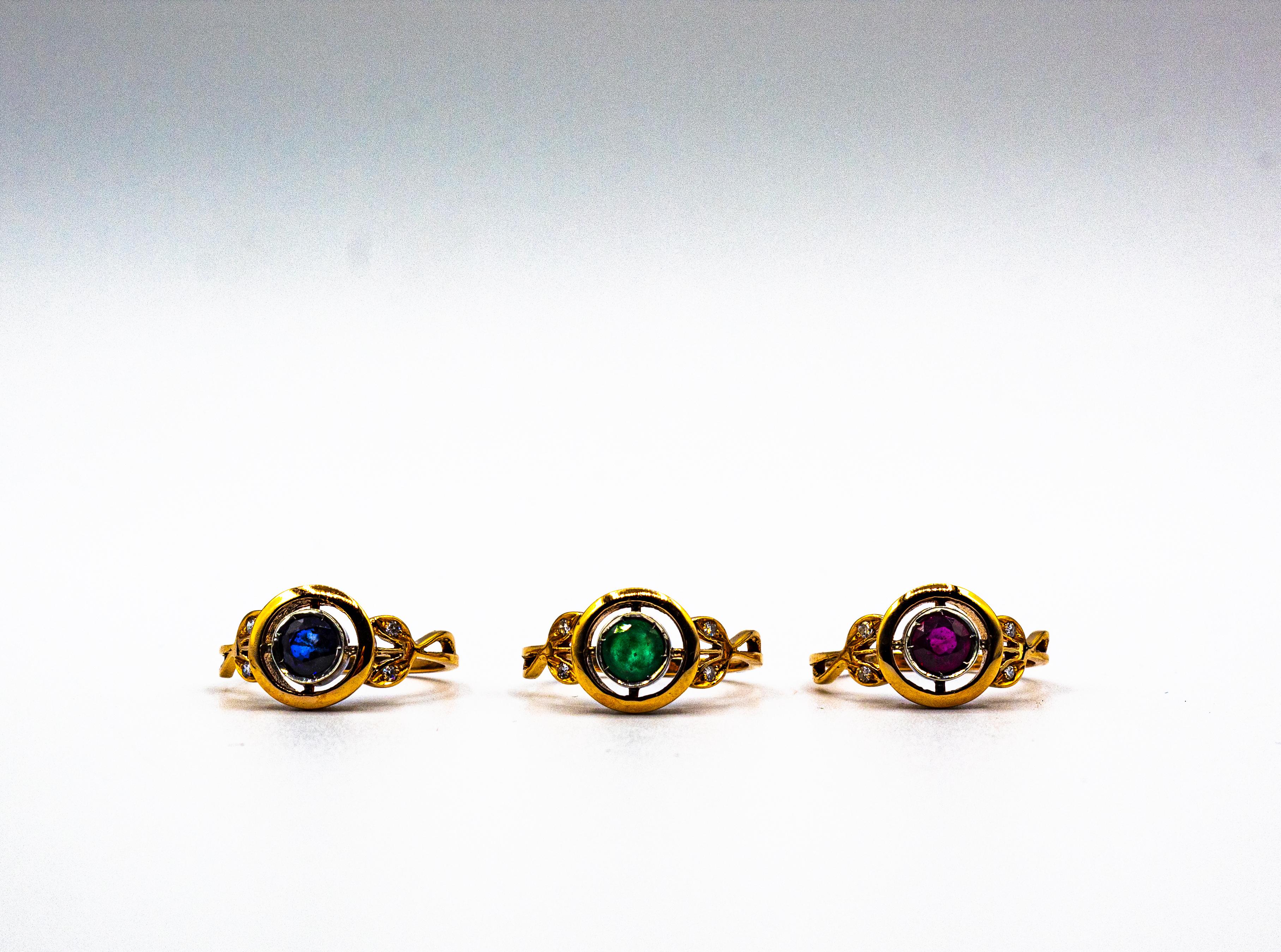 Art Deco Style White Brilliant Cut Diamond Blue Sapphire Yellow Gold Ring For Sale 3