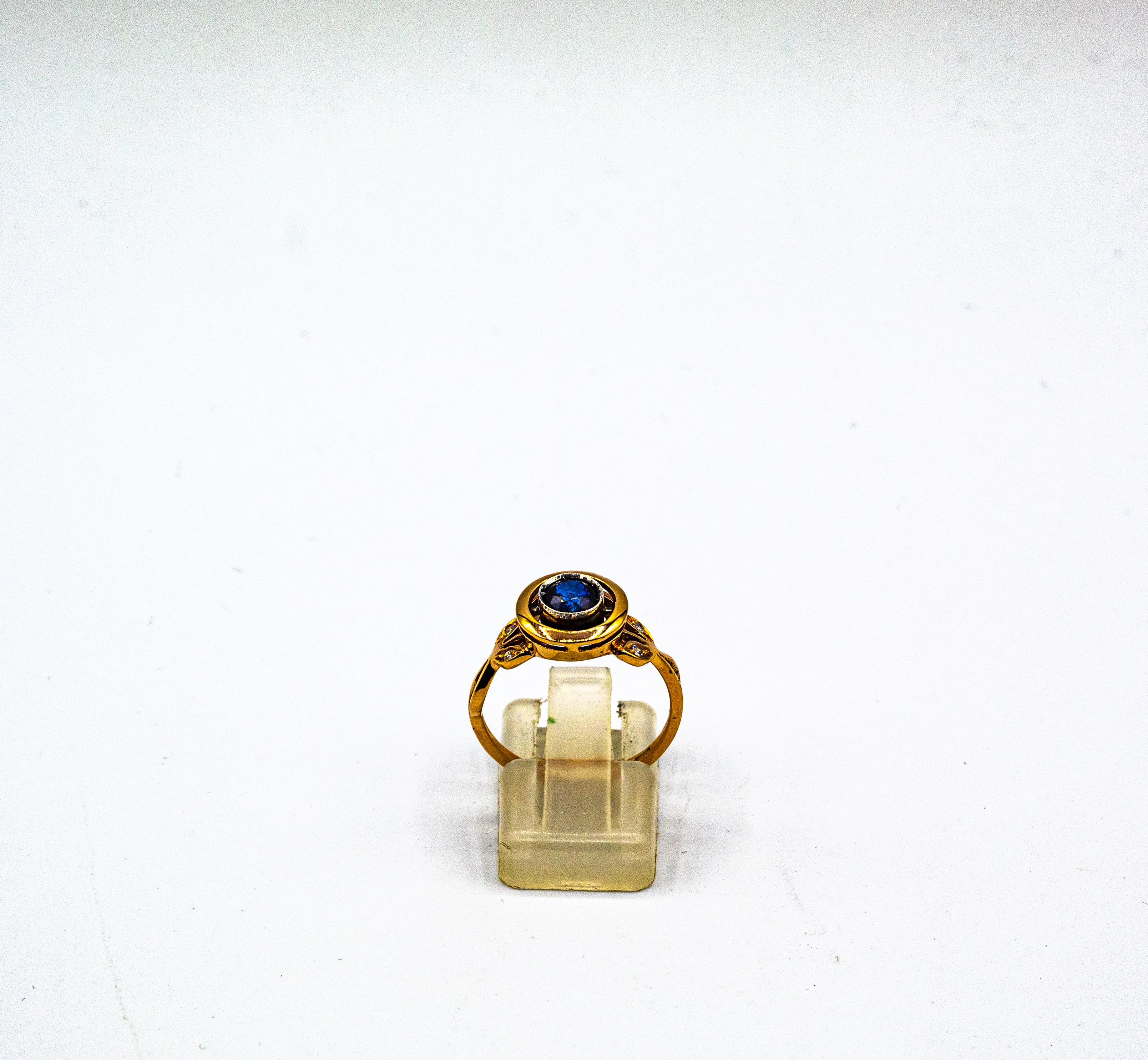 Art Deco Style White Brilliant Cut Diamond Blue Sapphire Yellow Gold Ring 4