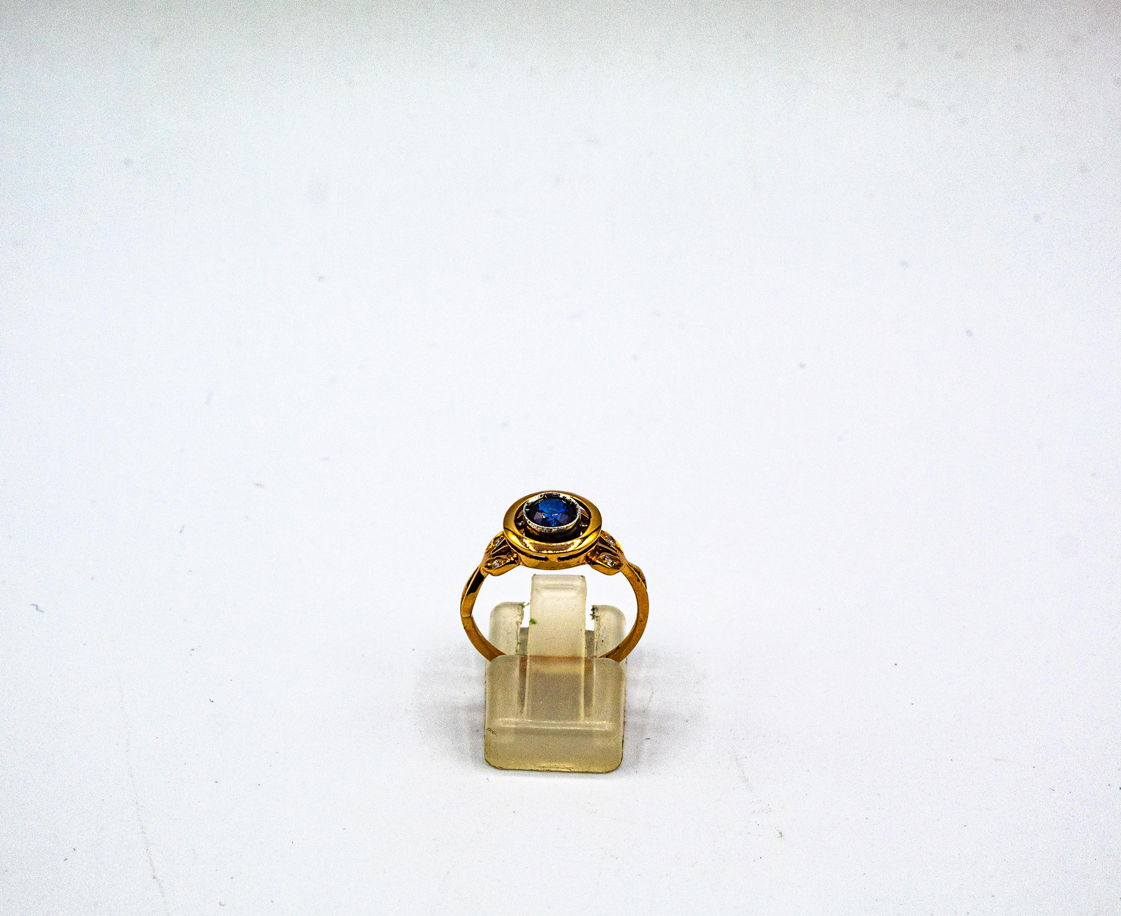 Art Deco Style White Brilliant Cut Diamond Blue Sapphire Yellow Gold Ring 5