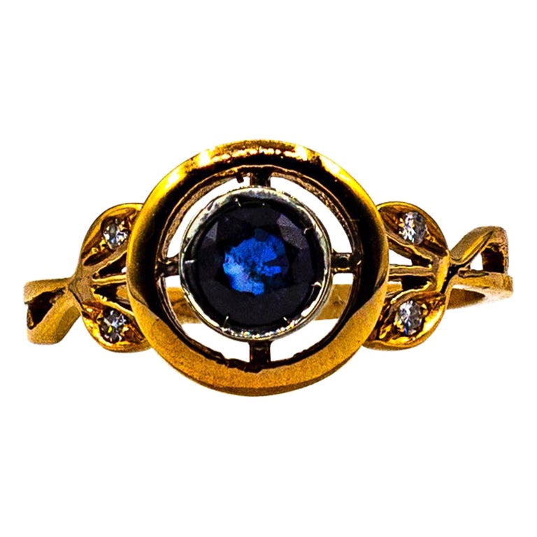 Art Deco Style White Brilliant Cut Diamond Blue Sapphire Yellow Gold Ring For Sale
