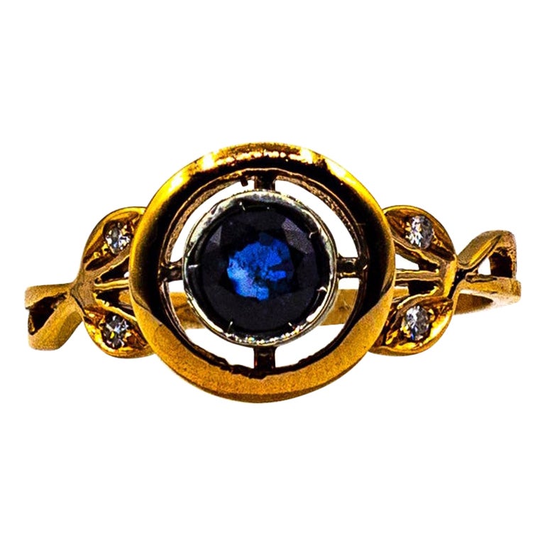 Art Deco Style White Brilliant Cut Diamond Blue Sapphire Yellow Gold Ring