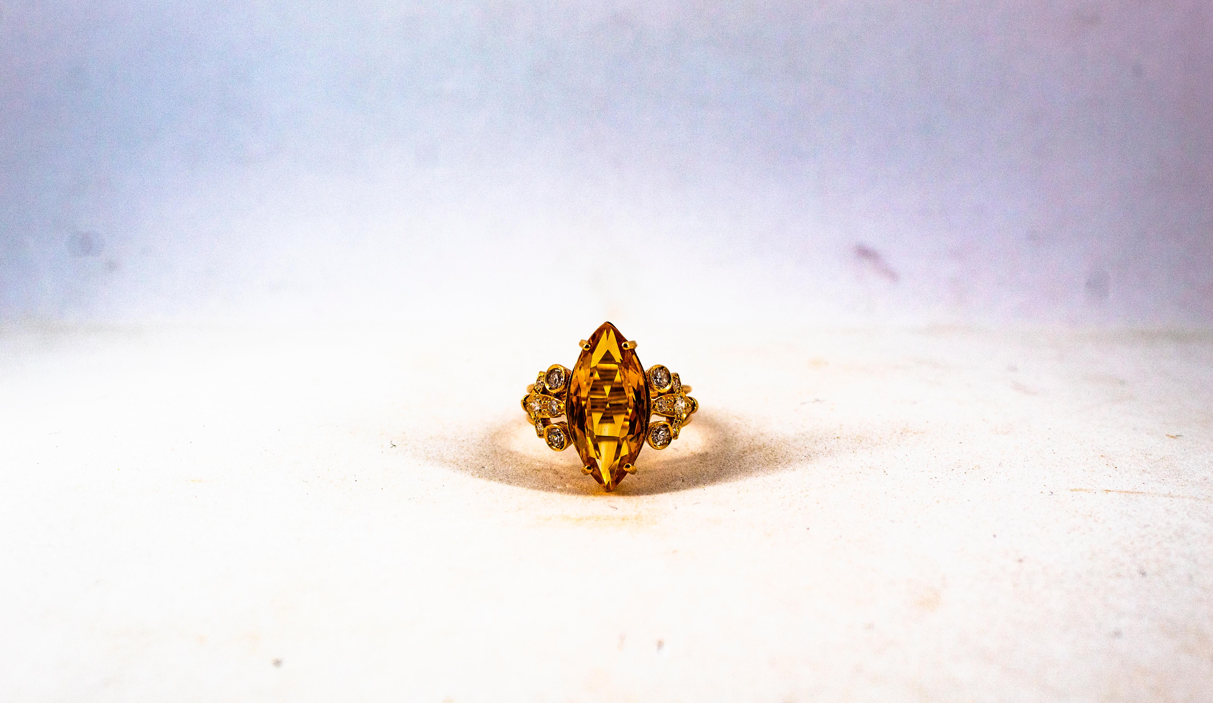 Art Deco Style White Brilliant Cut Diamond Citrine Yellow Gold Cocktail Ring For Sale 3