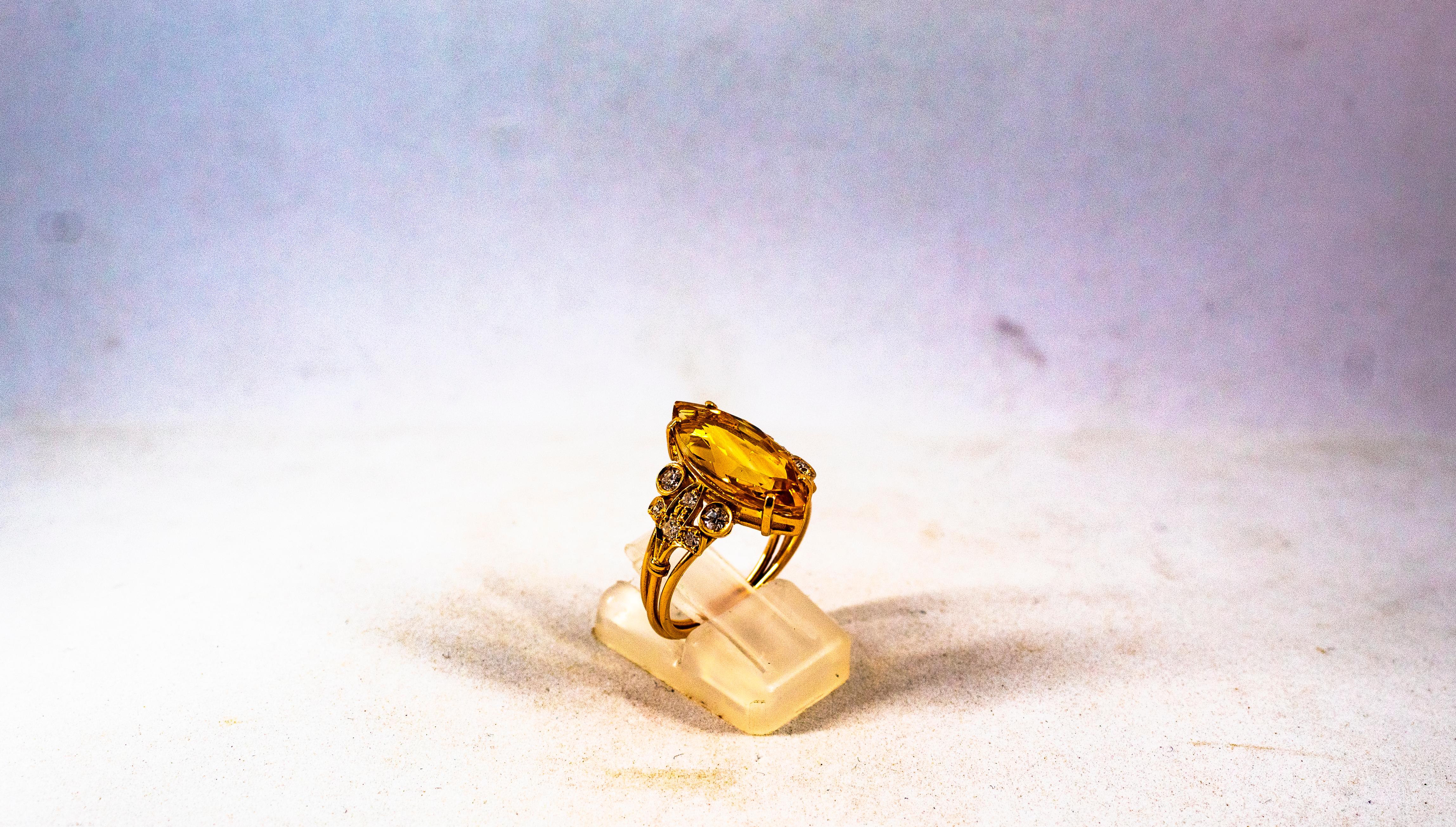 Women's or Men's Art Deco Style White Brilliant Cut Diamond Citrine Yellow Gold Cocktail Ring